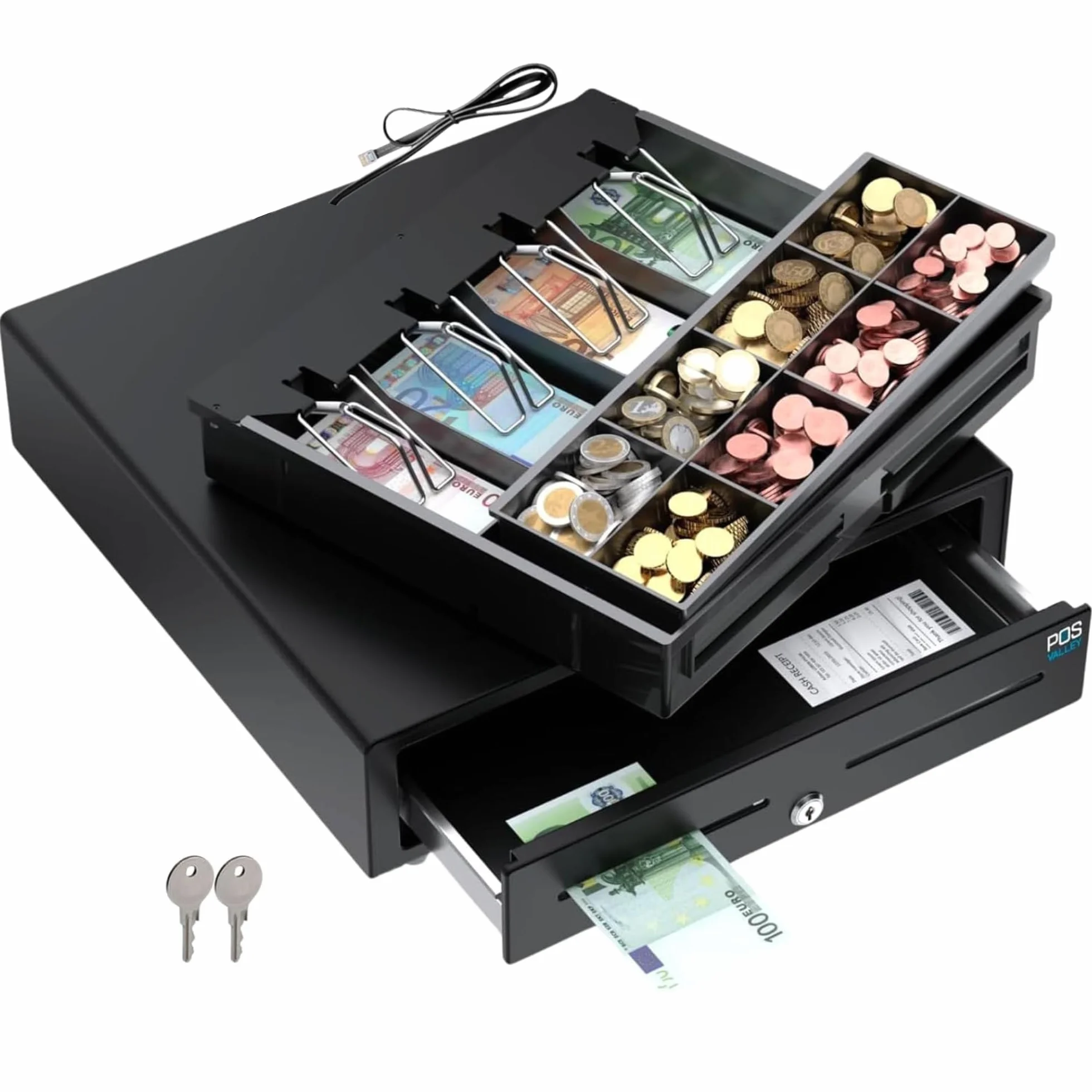 Cassetto in Ferro Cassa Portasoldi per Stampante Fiscale RT e Registratore di Cassa. Interno 4 Banconote / 8 Monete (euro) - Nero, Automatico, Struttura in Acciaio - 41x41x11cm
