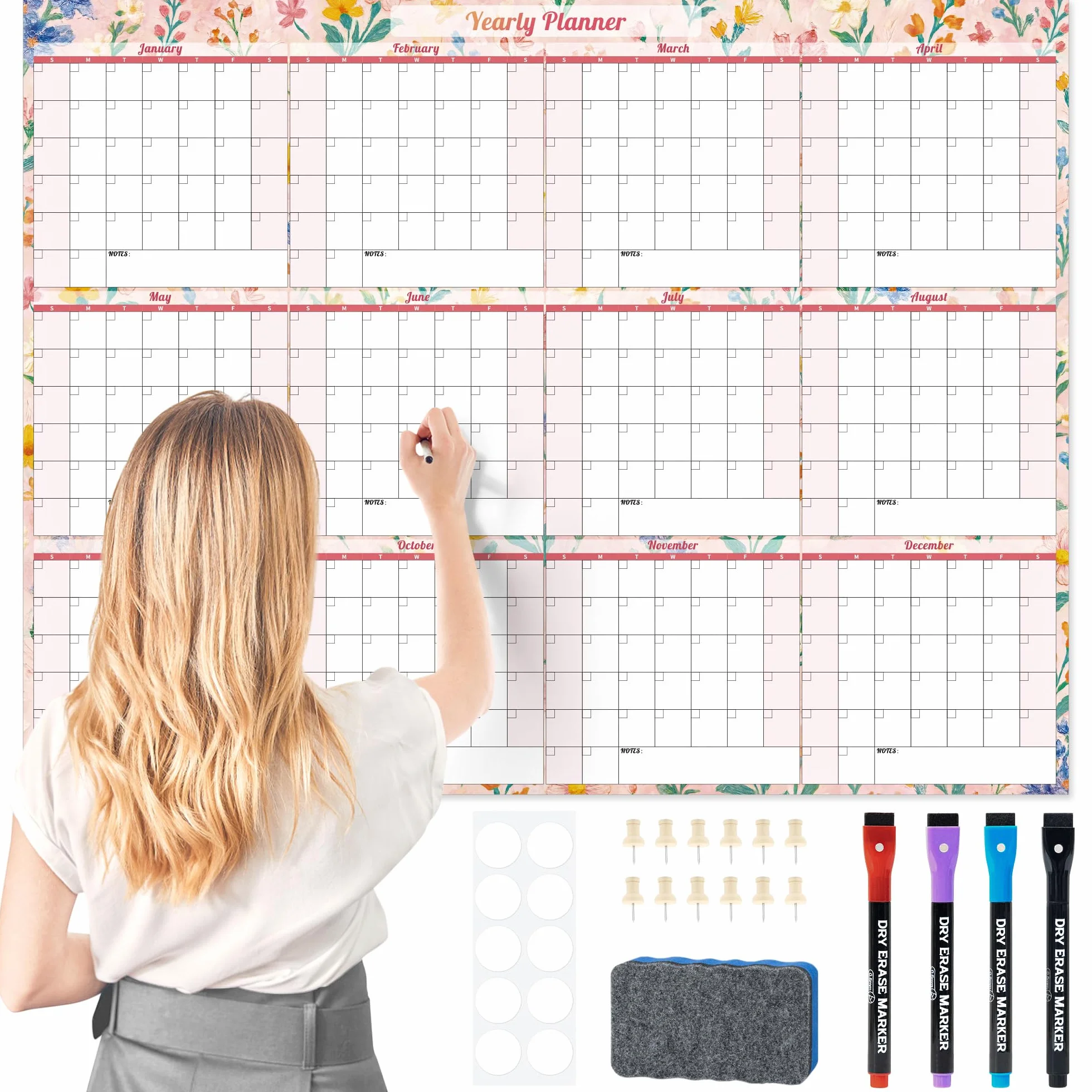 Ospelelf Calendario da parete 2025 non datato, grande, laminato, cancellabile a secco, 90 x 122 cm, calendario familiare annuale di 12 mesi
