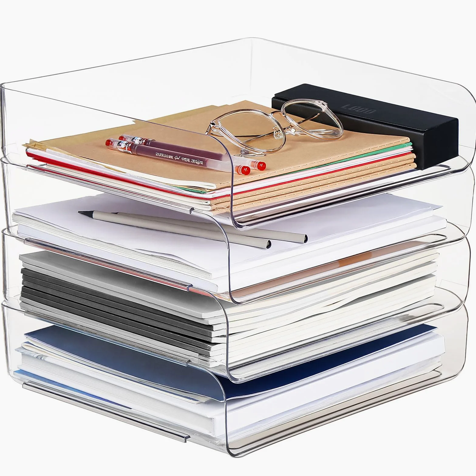 Vassoi di carta trasparenti impilabili da ufficio per scrivania, vassoio per lettere, vassoio accessori per desktop, porta carta A4, forniture, riviste, documenti, ricevute (confezione