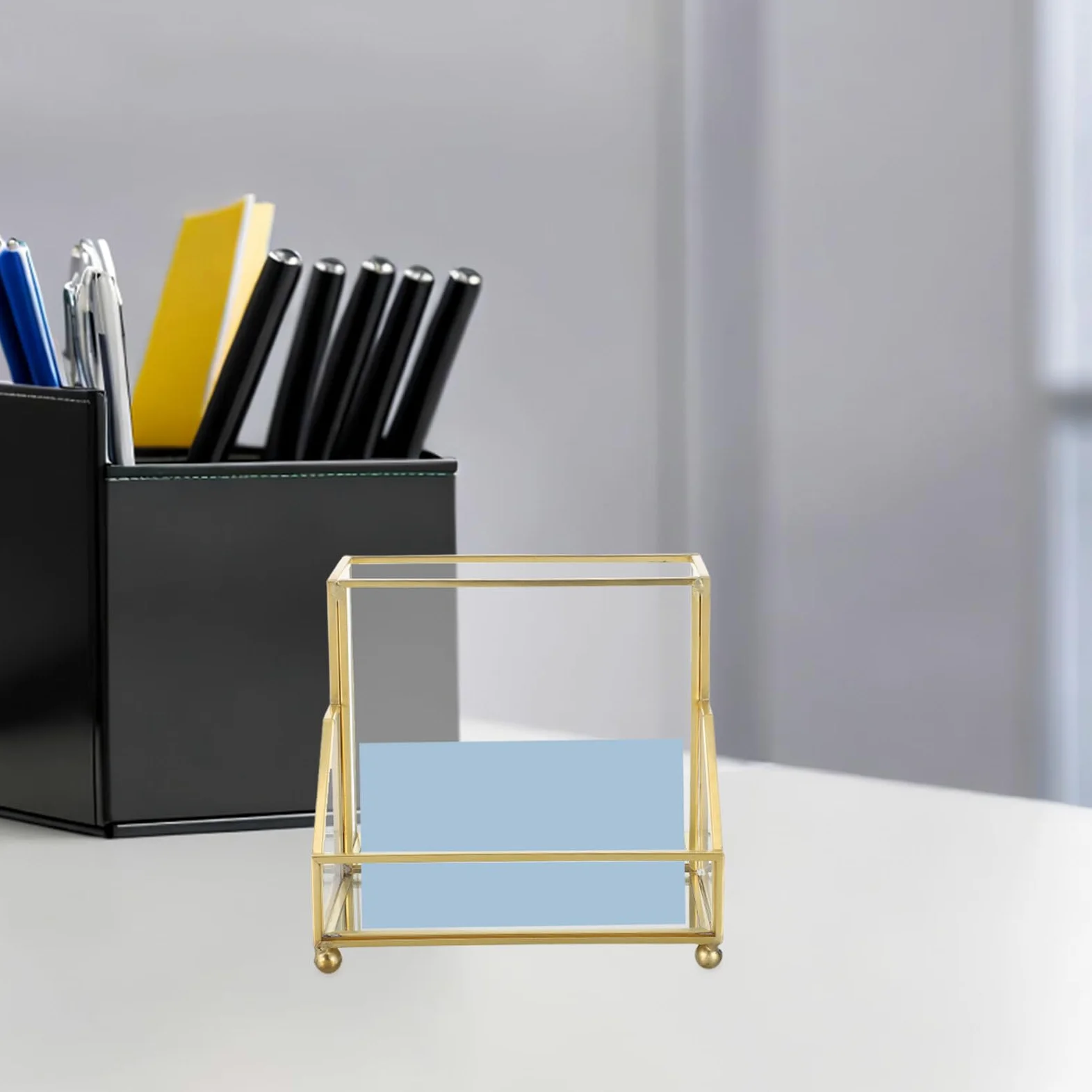 Scatola Porta Biglietti da Visita con Bordo Oro, Organizer Elegante | Vetro e Ferro, Formato Verticale da Tavolo, per Ufficio e Riunioni, Scambio Rapido delle Carte