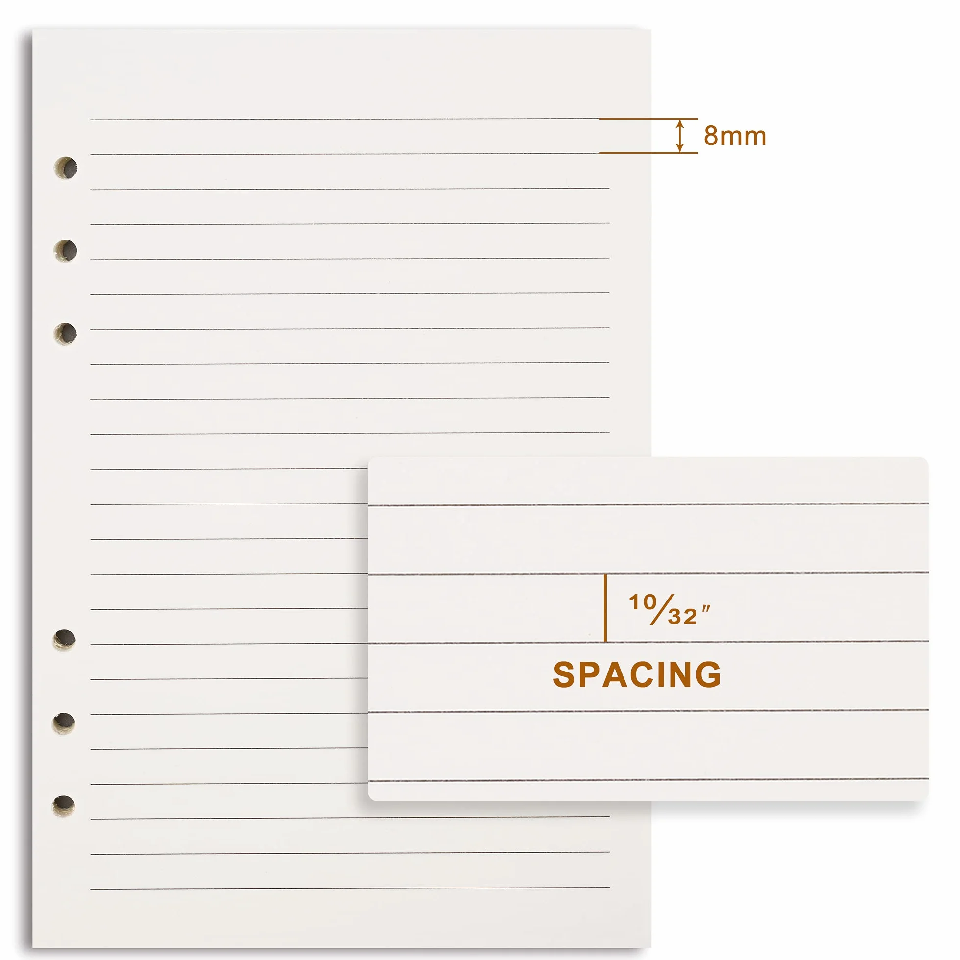 Carta a righe A5 6 fori per raccoglitori fogli sfusi 8 mm 80 fogli 160 pagine 14 x 21 cm beige
