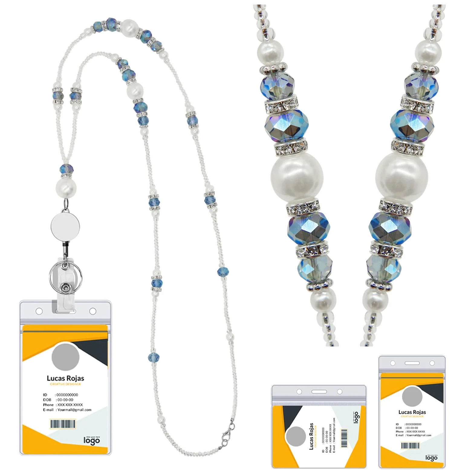 Catena porta badge per dipendenti con cristalli e perle, Lanyard con titolare del badge