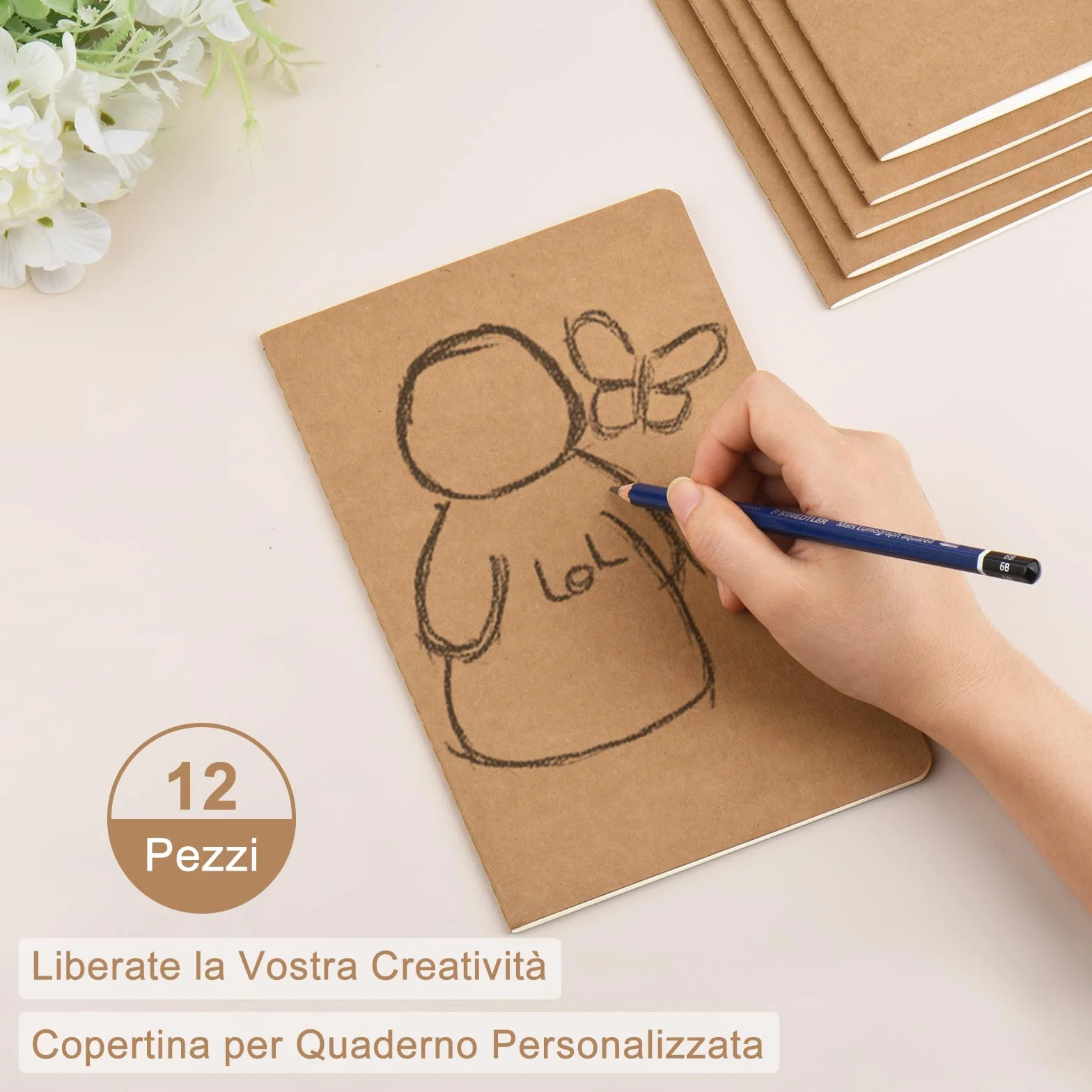 Quaderno A5 Bianco 12 Pezzi Copertina Kraft 30 Fogli 60 Pagine Taccuini Ufficio Scuola 20.6x13.7 CM