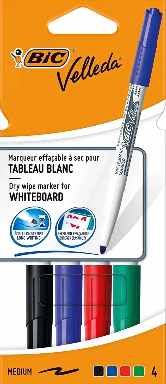 BIC Velleda Pennarelli Lavagna Bianca Cancellabili Punta Media Tonda Pacco da 4 Marcatori