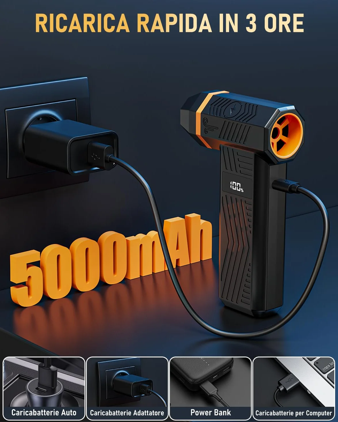 GLAM Soffiatore d'Aria Elettrico con Display LED e Luce, 4 Velocità 150000RPM Aria Compressa Elettrico per PC, Divano, Tastiera, Auto