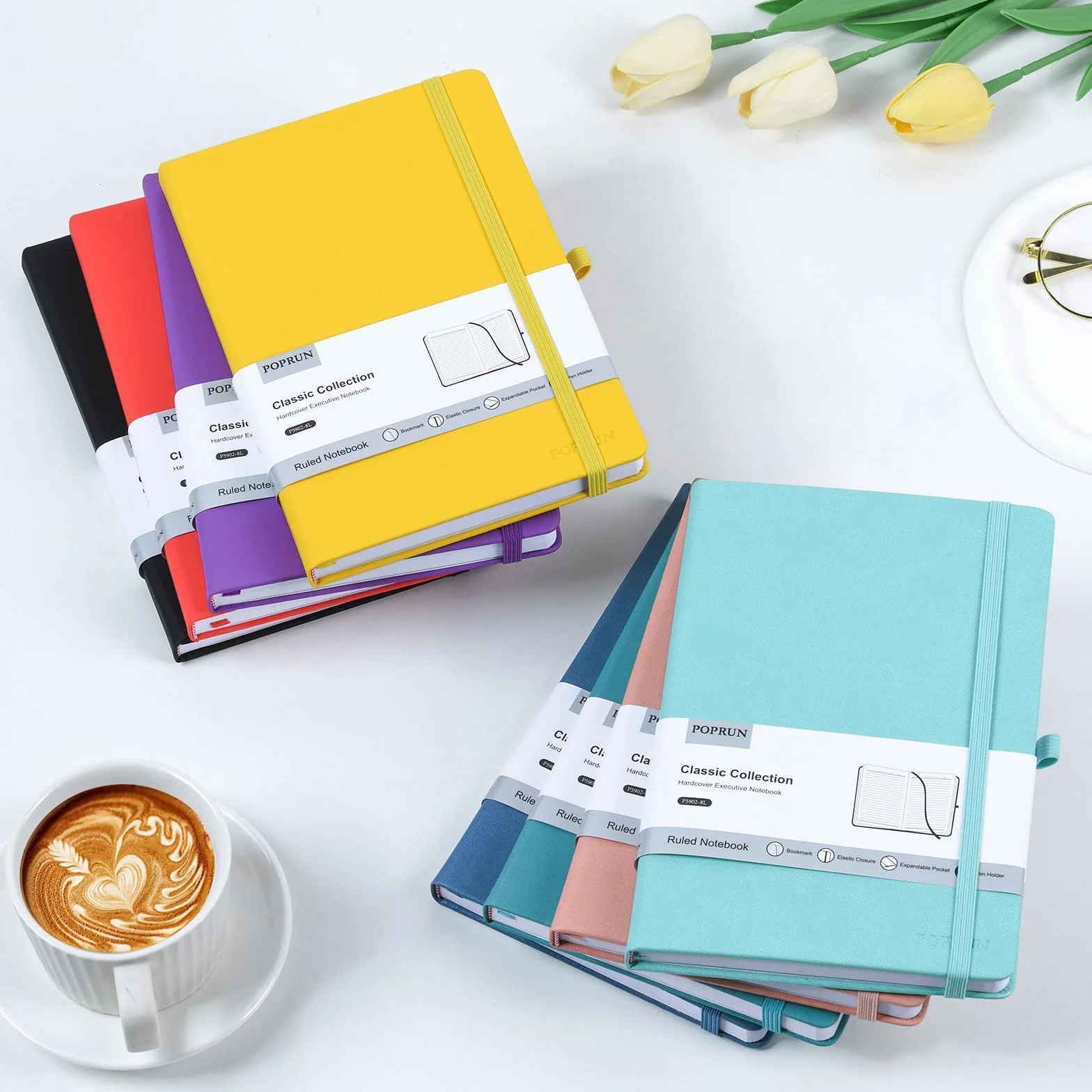 POPRUN Taccuino a Righe A5 Copertina Rigida, 240 Pagine, Set 8 Colori | 14 x 21 cm, 70 g/m², Pelle Vegana, Classico Quaderno Appunti di Linea, Tasca Interna, Chiusura ad Elastico, Portapenne
