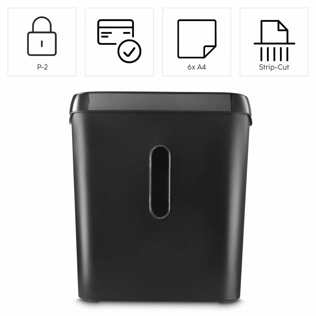 Hama Frantoio di carta Classic S61, fino a 6 fogli A4 a Volta, Distruttore di documenti e carte di plastica, lame acciai per graffette, cestino 8L, sicurezza P2 T2 E2, nero