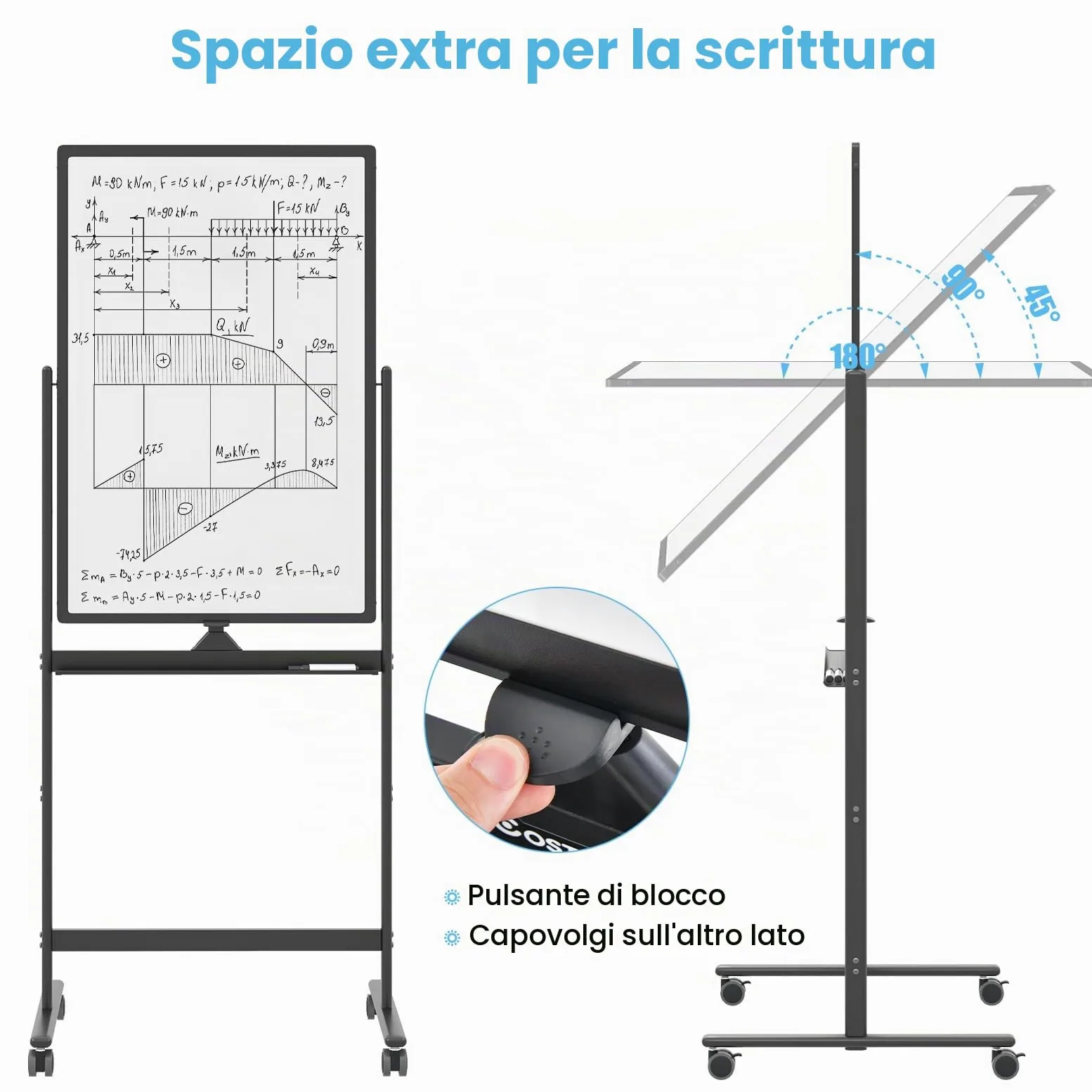 LIFEZEAL Lavagna Magnetica, 90 x 60 x (151-178) cm, Lavagna con Cavalletto, Lavagna Bianca Cancellabile con Ruote Frenabili, Lavagna Bifacciale con Fogli di Carta e Girevole a 360 gradi (nero)