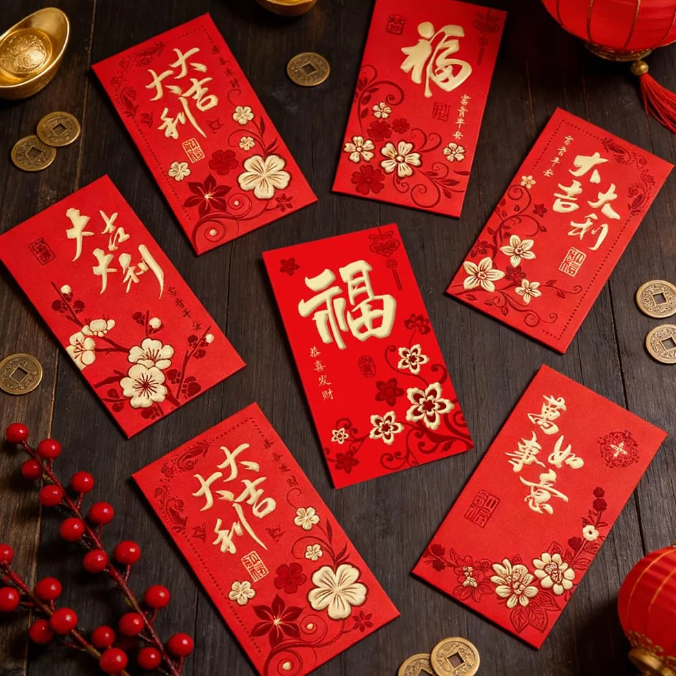 36 Pezzi Rosse per Capodanno Cinese 2026 Portafortuna con Motivo Hong Bao Rilievo