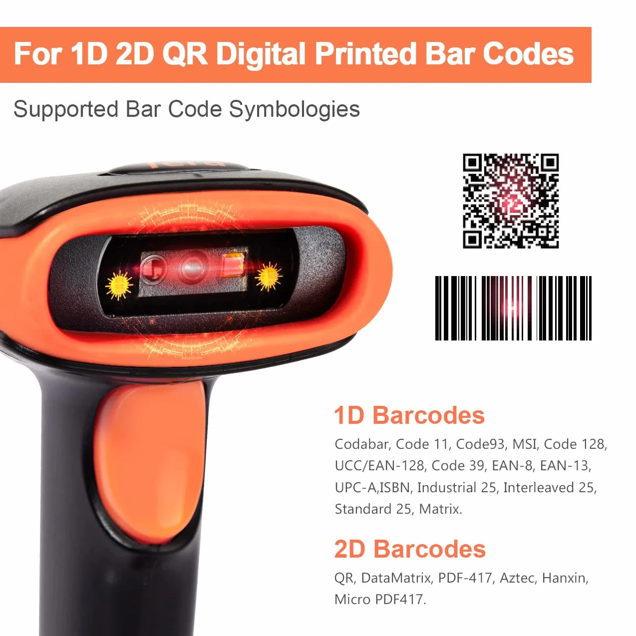 Scanner di codici a barre QR 2D wireless Tera con supporto, 3 in 1 compatibile con Bluetooth e lettore di codici a barre wireless a 2,4 GHz e USB cablato Lettore di codici a barre portatile HW0001