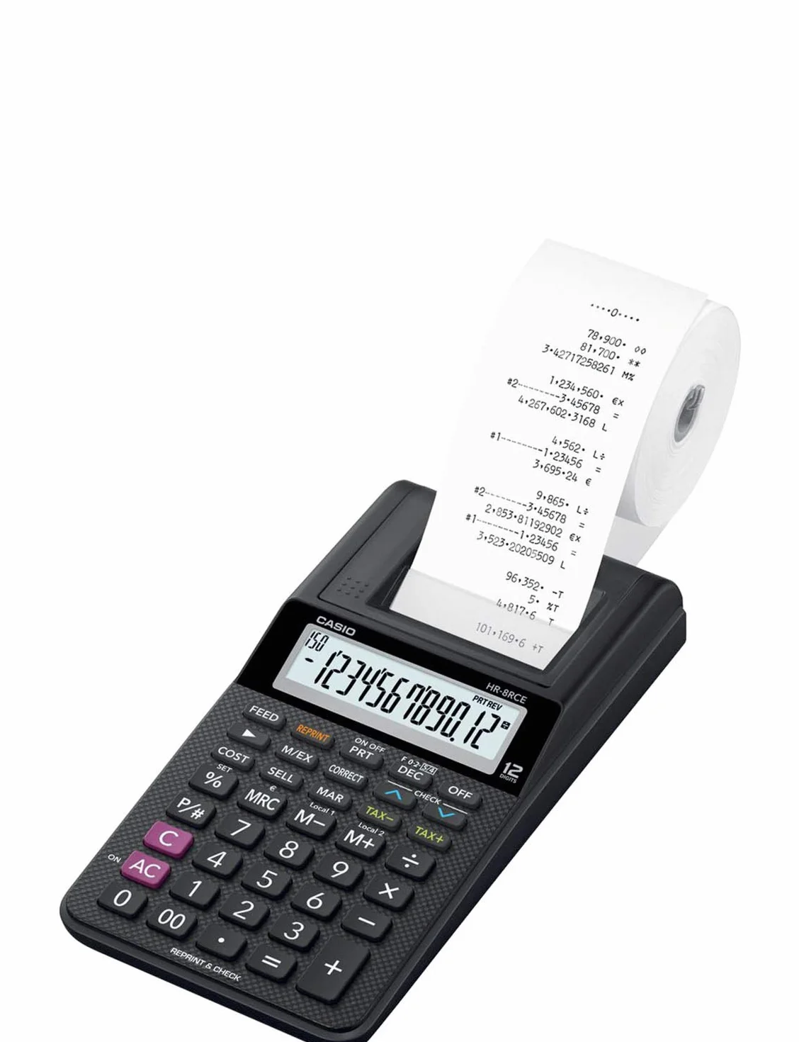 Casio HR-8RCE-BK Calcolatrice Scrivente Portatile, Display A 12 Cifre, Funzioni Check E Correct, Funzioni After Print E Re-print, Scatola, Nero