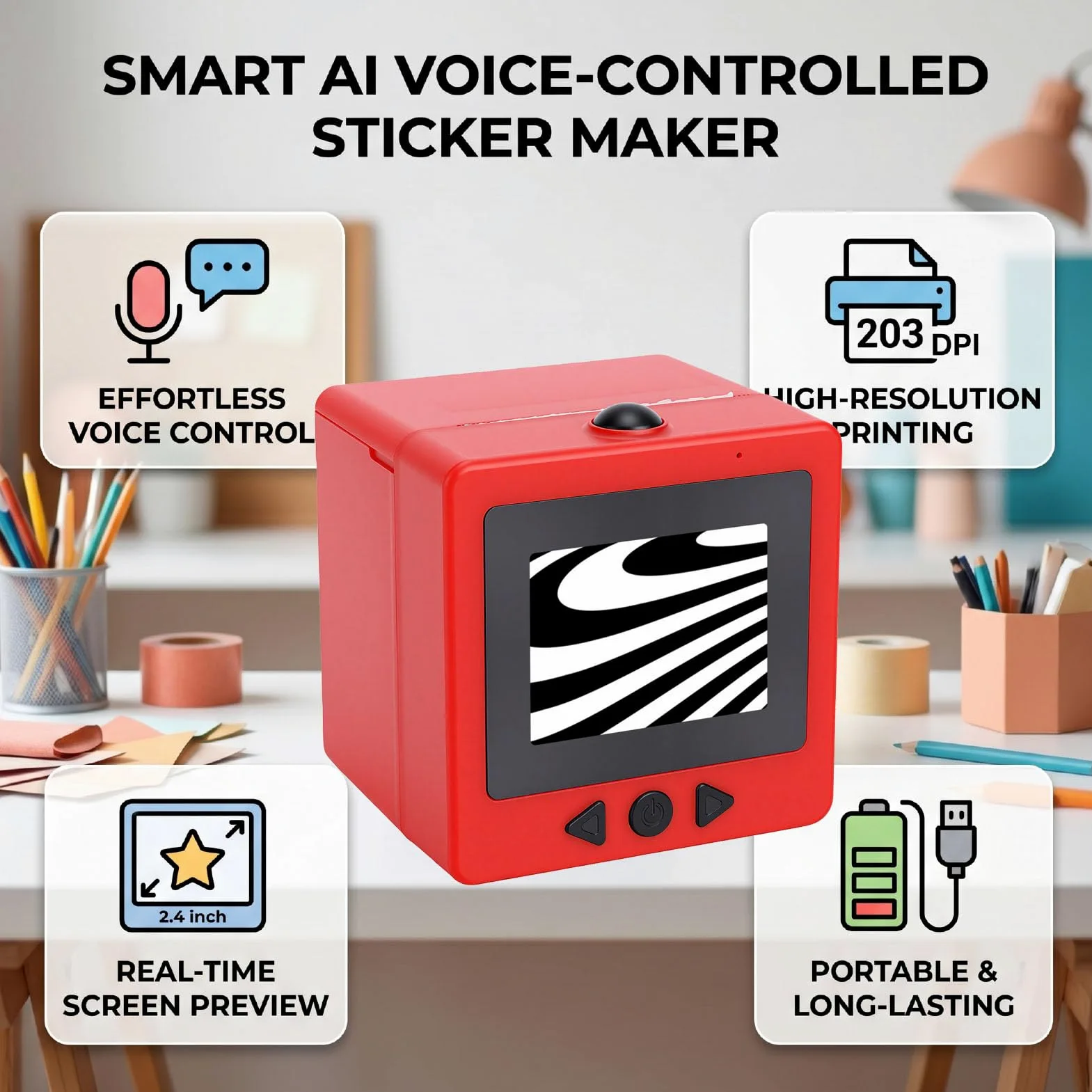 Bewinner Stampante per Adesivi Intelligente AI, Etichettatrice Termica Senza Inchiostro a Controllo Vocale con Schermo da 2,4 Pollici, Macchina da Stampa Wireless Portatile da 203 DPI per (rosso)