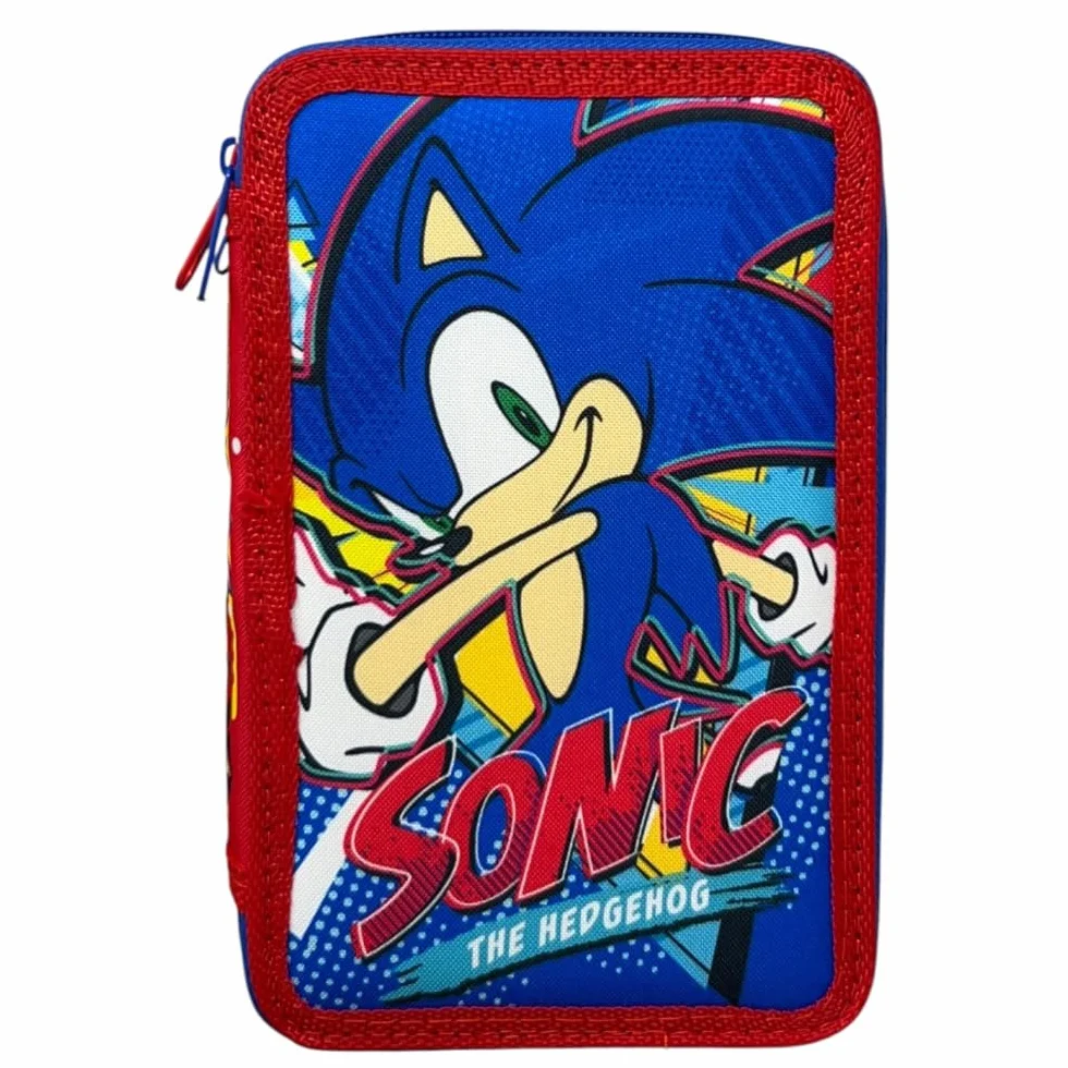 Astuccio Sonic triplo completo 44 pezzi cancelleria scuola penne matite colori pennarelli Giotto