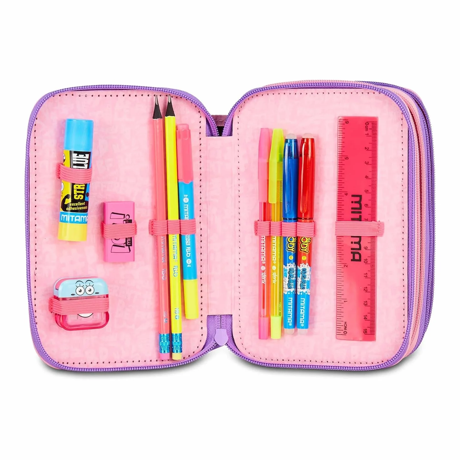 Mitama Astuccio Scuola 3 Scomparti, LOVE&SHINE, Rosa, Completo di matite, penne e pennarelli, Accessori Zaino, Accessori scuola, Per bambine, Scuola elementare, Tempo libero