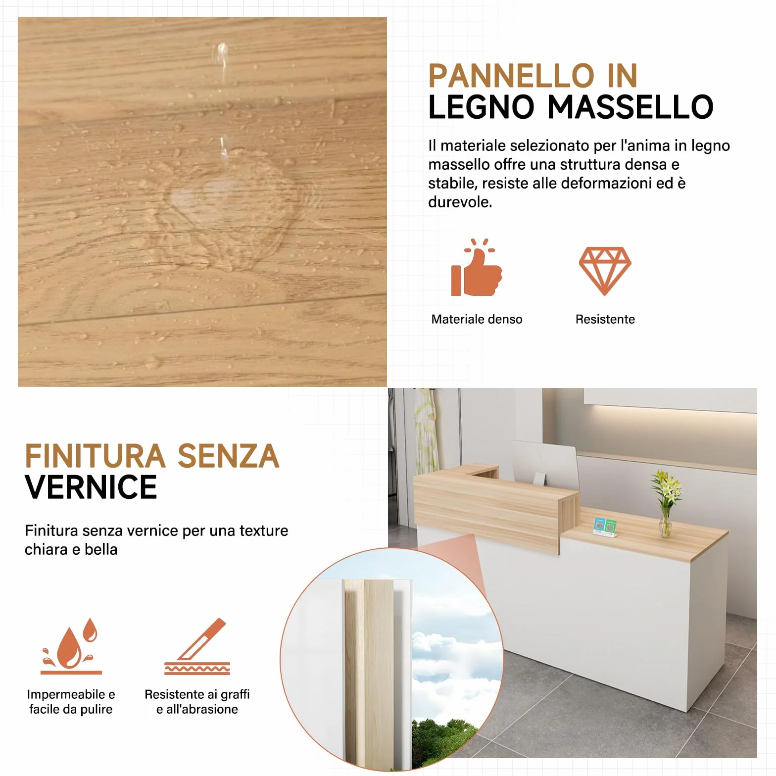 Bancone Reception con Cassetto e Ripiani Aperti, 100–240 cm Banco Reception Moderno per Uffici, adatto per Saloni, Hall e Negozi al Dettaglio