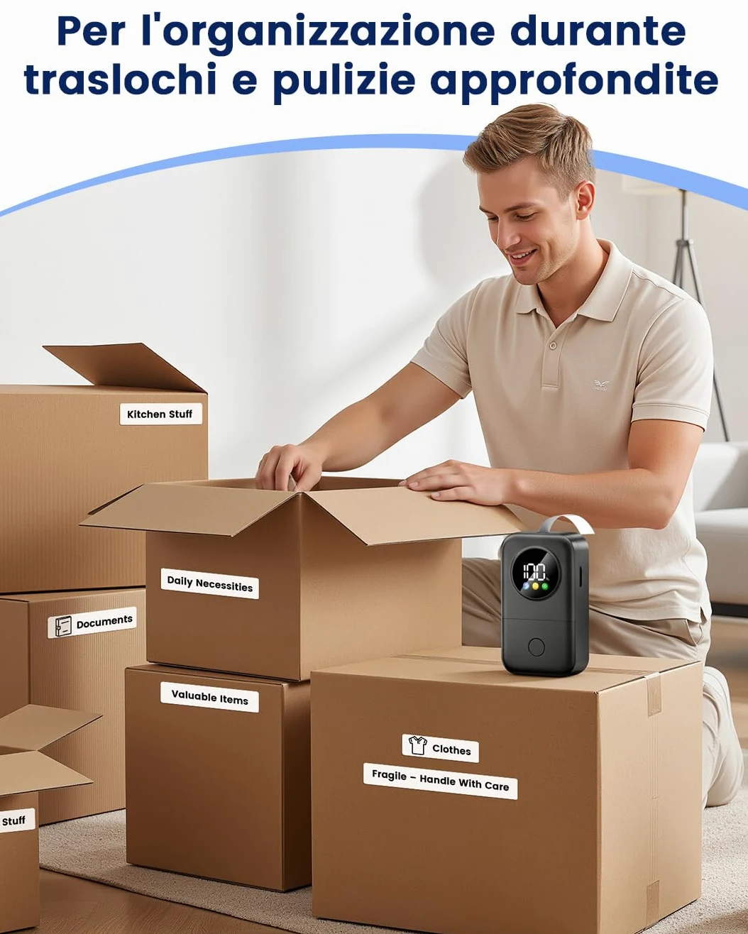Phomemo D30D Etichettatrice con 5 Etichette, Schermo LED Intelligente, Nero | Mini Bluetooth Portatile Stampante Etichette Autoadesive per Ritorno a Scuola, Casa e Ufficio