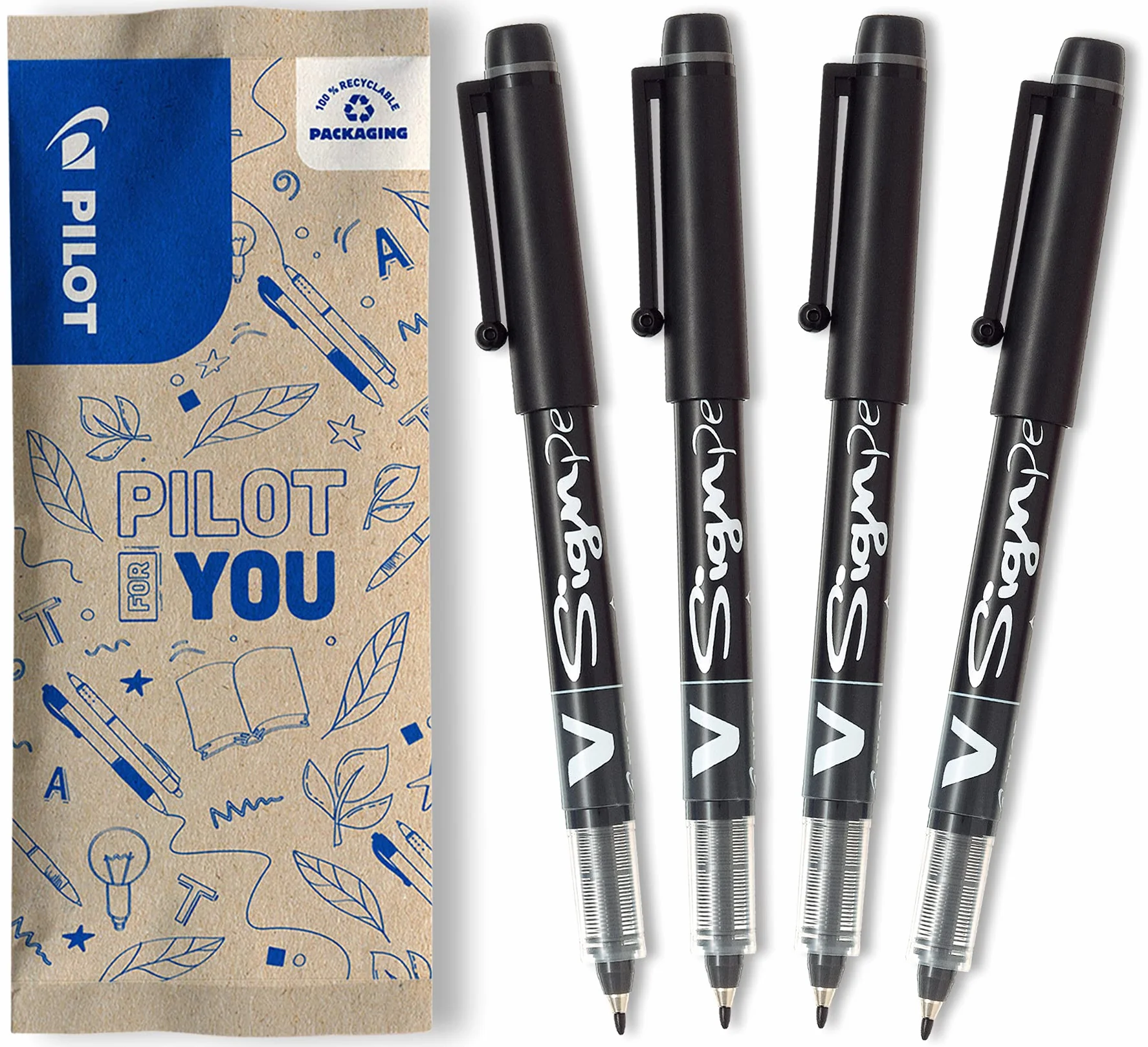 PILOT V-Sign Set 4 Penne a Pennarello Inchiostro Liquido Nero Punta Media