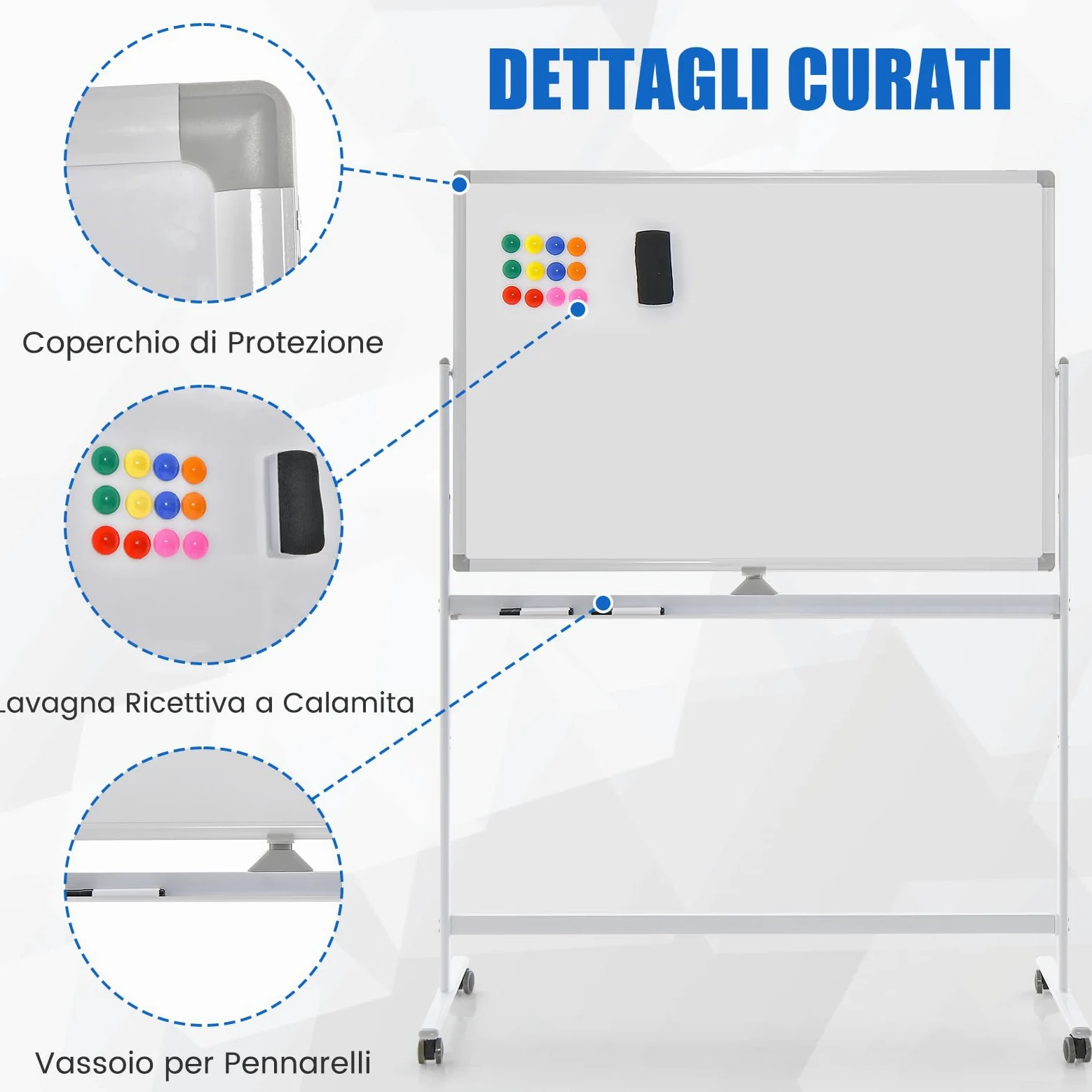 COSTWAY Lavagna Bianca Mobile 120 x 80 cm, Lavagna a Doppia Faccia Magnetica Cancellabile a Secco con Cavalletto e Ruote, Altezza Regolabile 2 Livelli, Accessori Completi (Bianco)