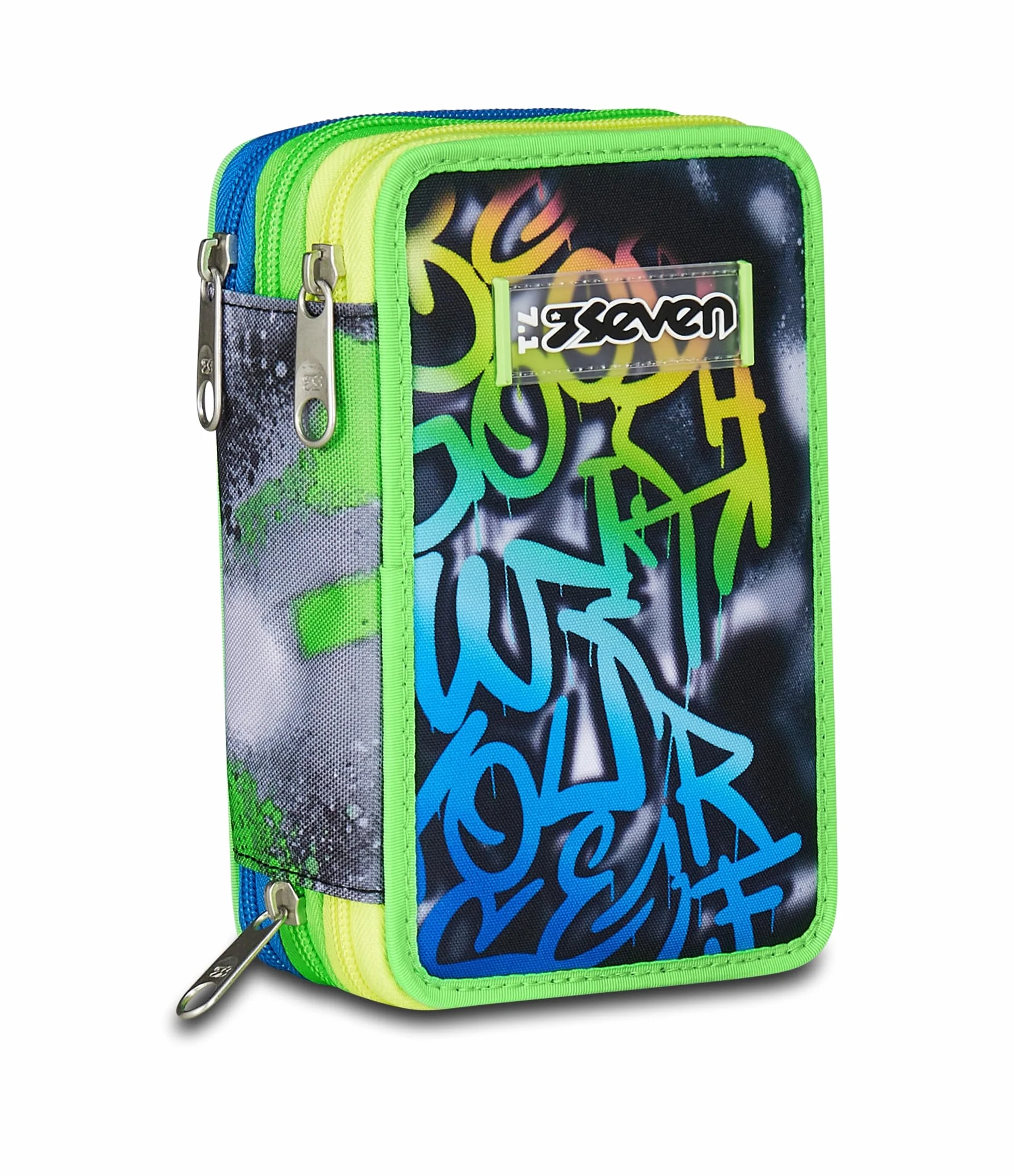 Seven Astuccio Scuola 3 Zip Nero Verde Portapenne Triplo Scomparto Completo