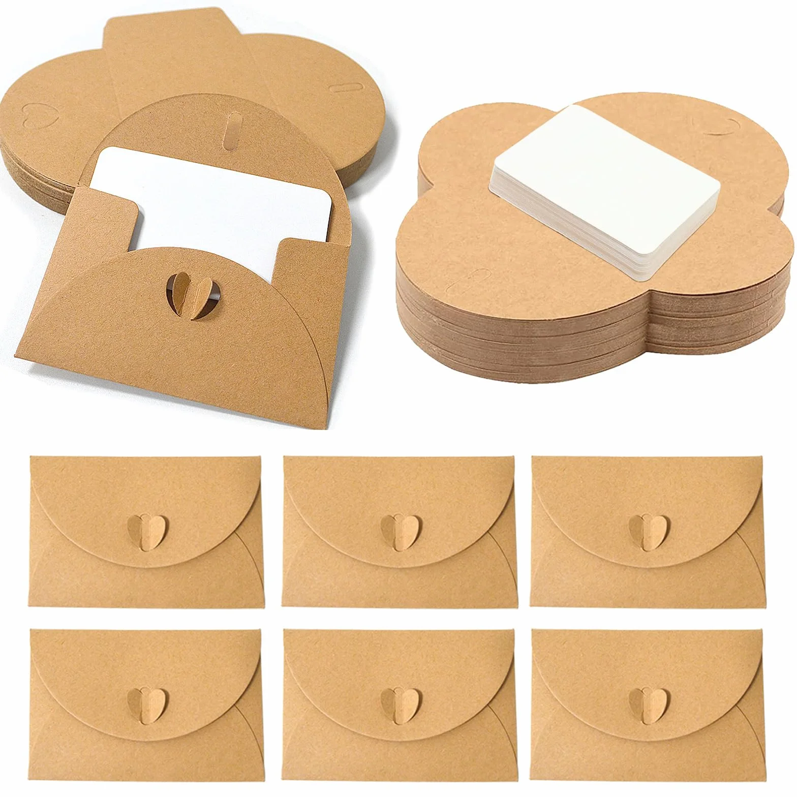 60 Pièces Mini Bustes in Carta Kraft con 60 Biglietti Bianchi, Buste con Chiusura a Cuore per Regalo, Feste, Matrimonio, Natale