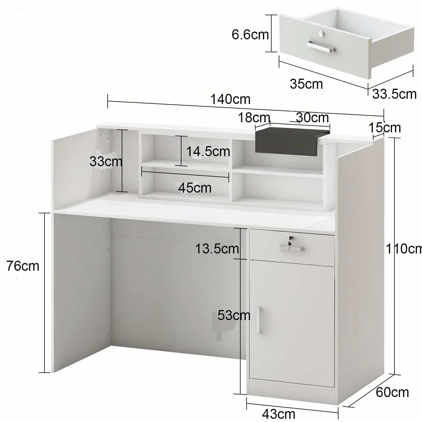 Banco di reception, banchi di reception, banchi di ricevimento con cassetti e armadi chiudibili, bancone con ripiani aperti regolabili, 140 x 60 x 110 cm, MDF, bianco, HUPODE250005-0001