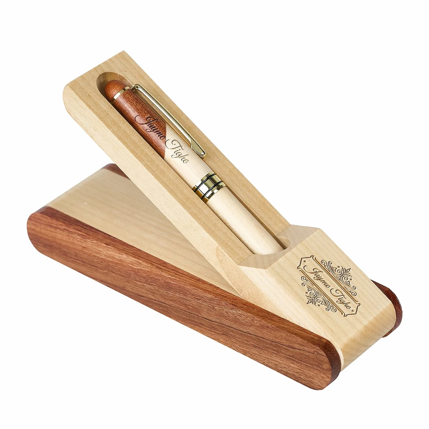 Set di penne in legno incise, penna esecutiva e scatola con personalizzazione gratuita, penna a sfera con custodia per regalo (B)