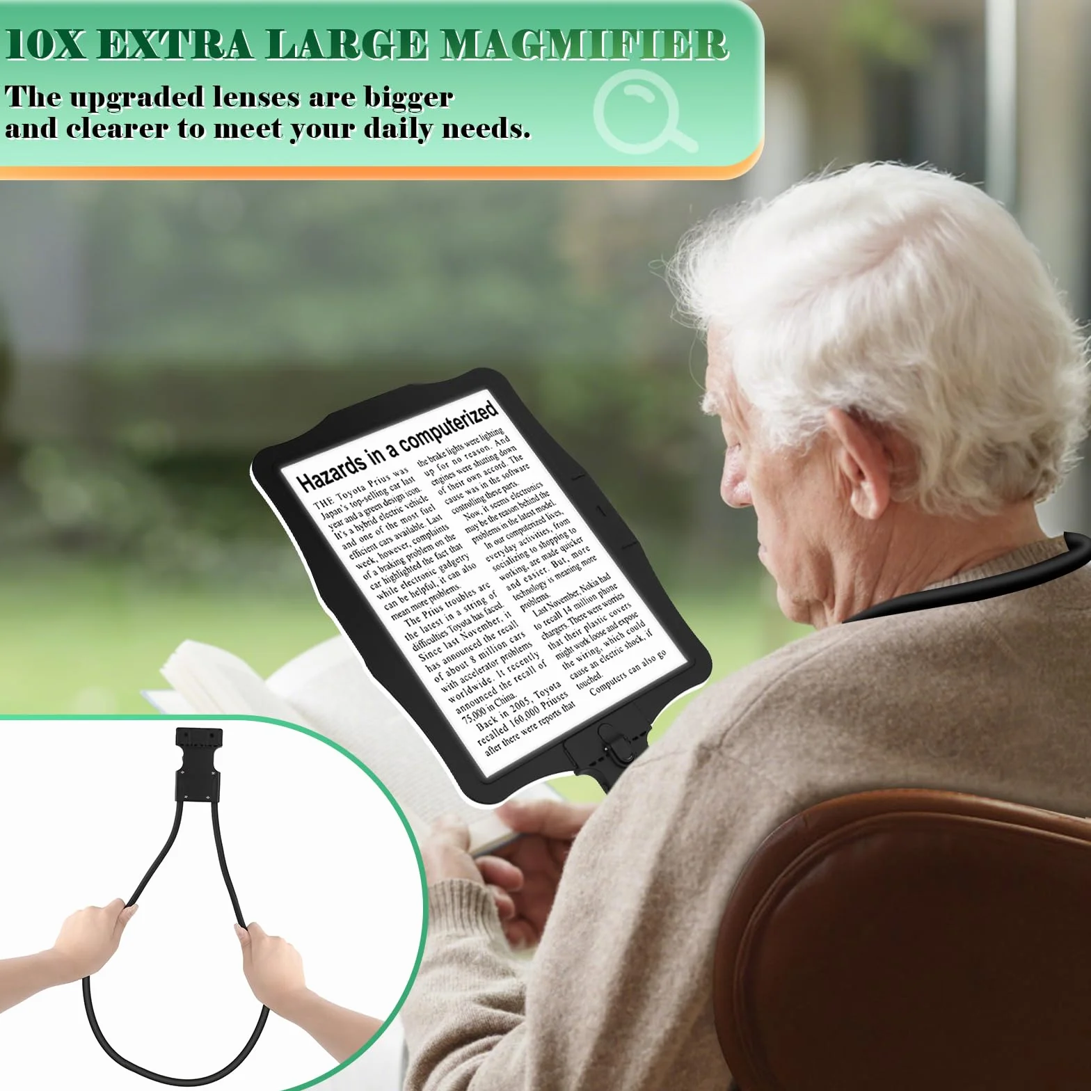 10X Ricaricabile Lente Ingrandimento con Luce a Mani Libere, Collo di Cigno per Lettura e Riparazione