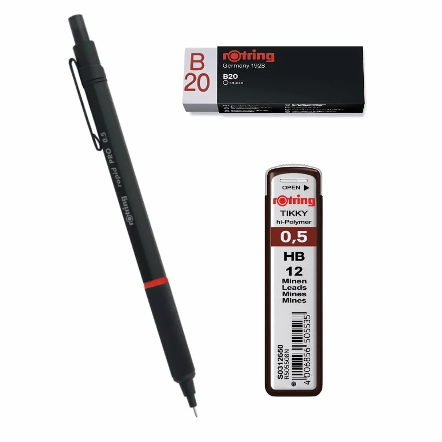 rOtring Rapid Pro - Matita Rapid Pro da 0,5 mm, colore nero, set di ricariche Tikky ad alta polimeri, 0,5 mm, HB e gomma B20