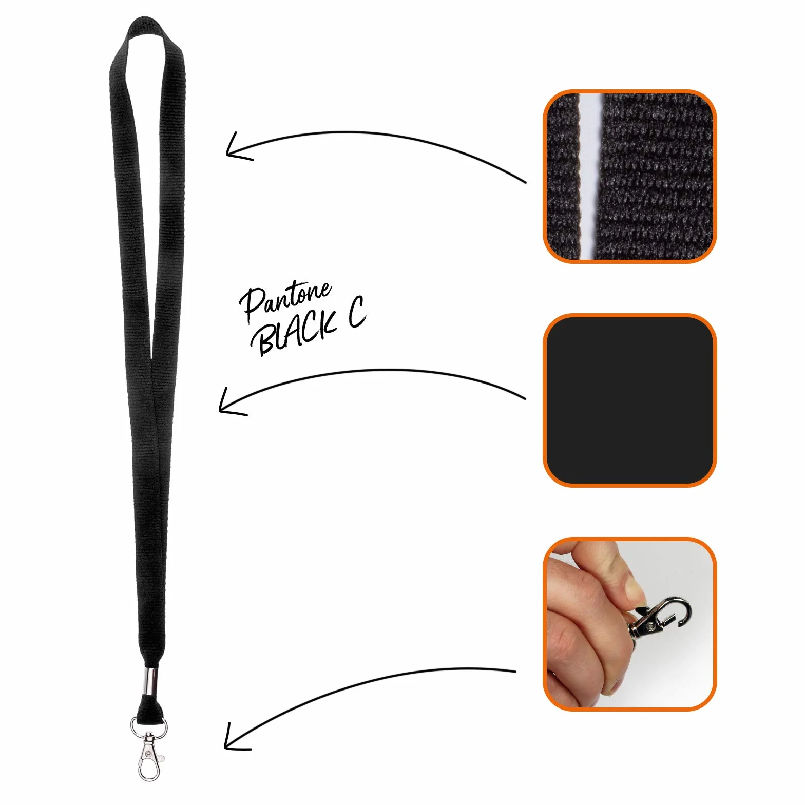 Cordino porta badge 16 mm nero con moschettone per chiavi Karteo