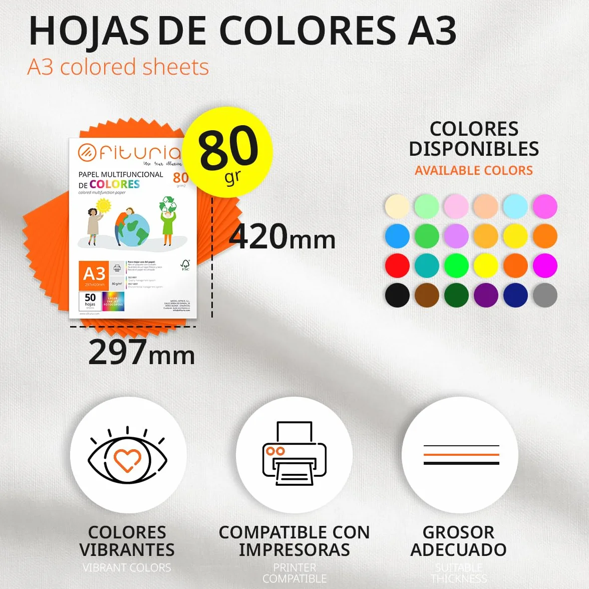 OFITURIA Fogli colorati, Confezione da 1000 Fogli A3 80 g – Carta colorata per hobby creativi, stampante, scrapbooking – Fogli colorati (Arancione, 1000 fogli)