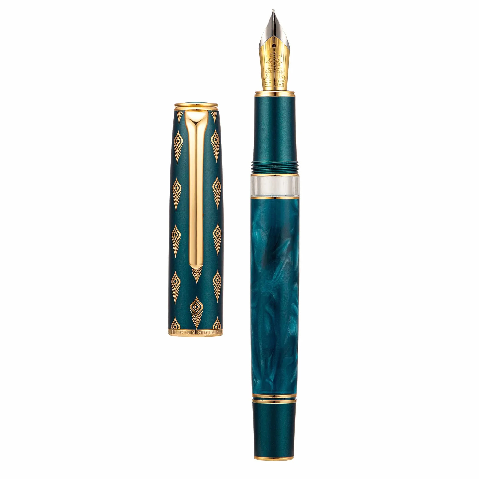 Hongdian N7, Penna stilografica a stantuffo in resina blu pavone, pennino fine in iridio, penna classica, scrittura liscia, con scatola in metallo