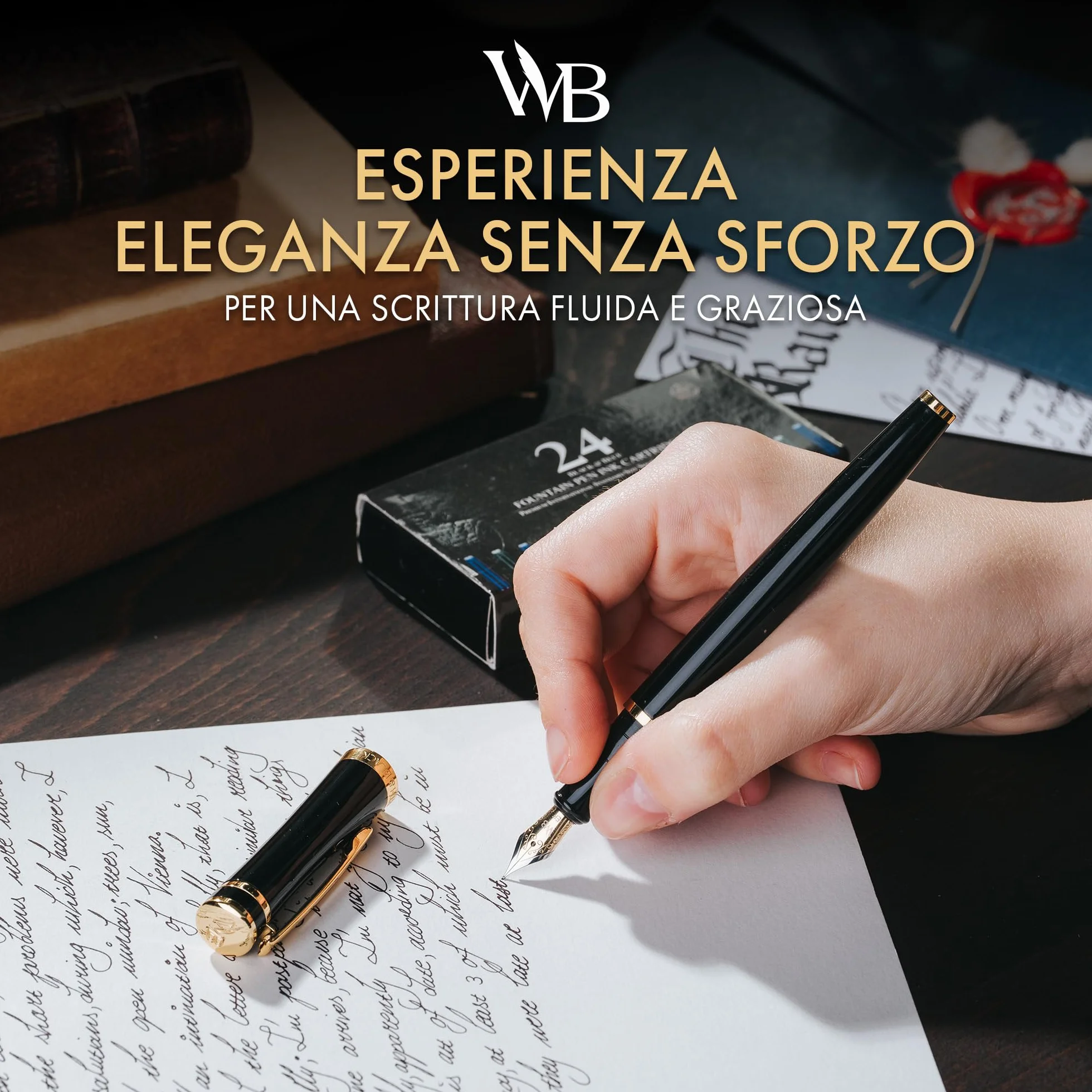 Wordsworth & Black Set di penne stilografiche, Pennino medio, 24 cartucce inchiostro e convertitore, Oro nero