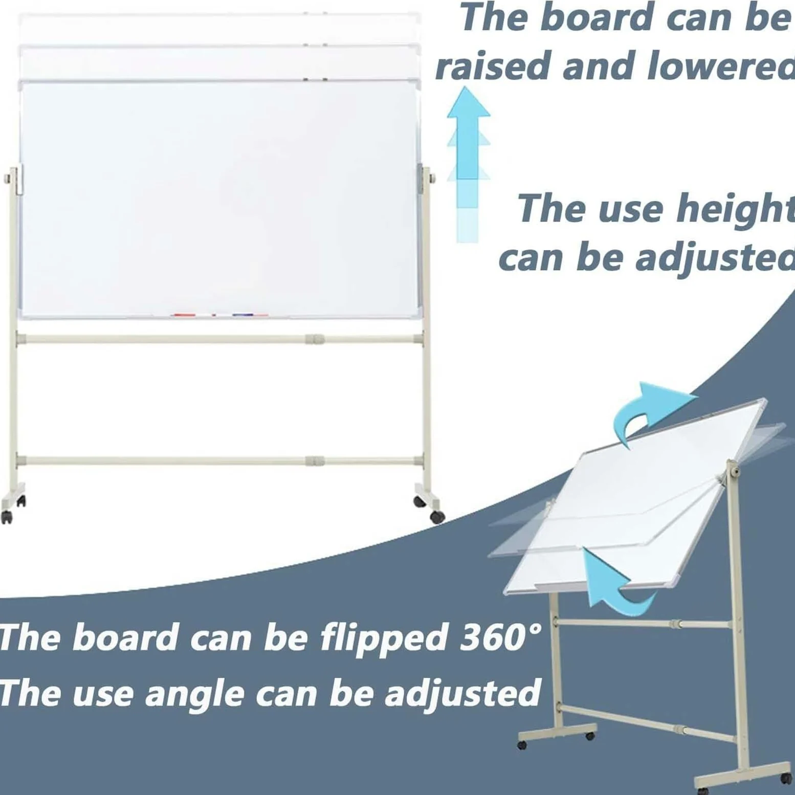 Lavagna bianca mobile su entrambi i lati, supporto regolabile in altezza, 122 x 99 cm, lavagna magnetica cancellabile a secco per presentazioni, collaborazioni in ufficio e uso domestico