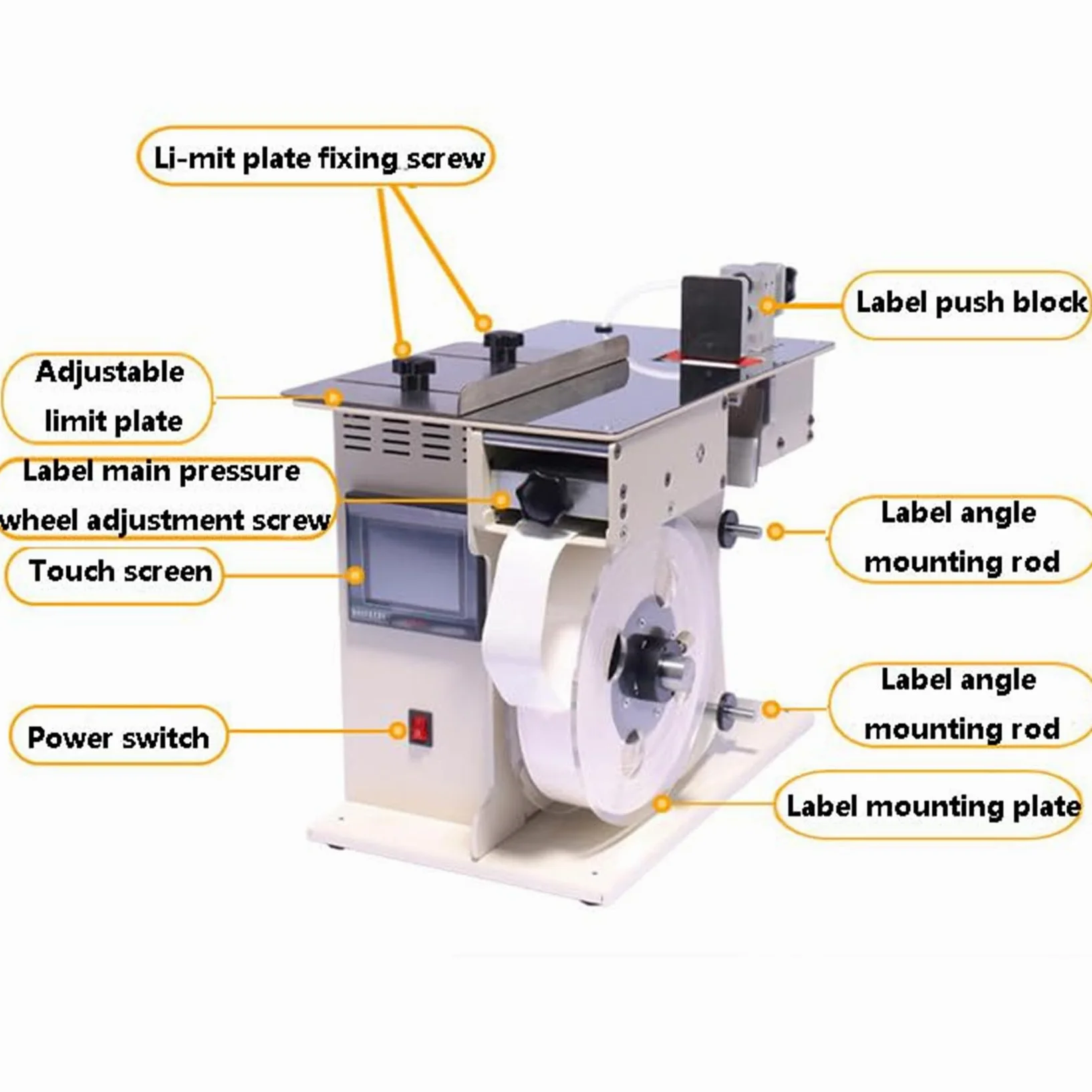 Etichettatrice automatica ad angolo retto, applicatore di etichette angolari con regolazione di velocità e lunghezza, controllo touch screen, corpo in metallo resistente per alimenti e stampa