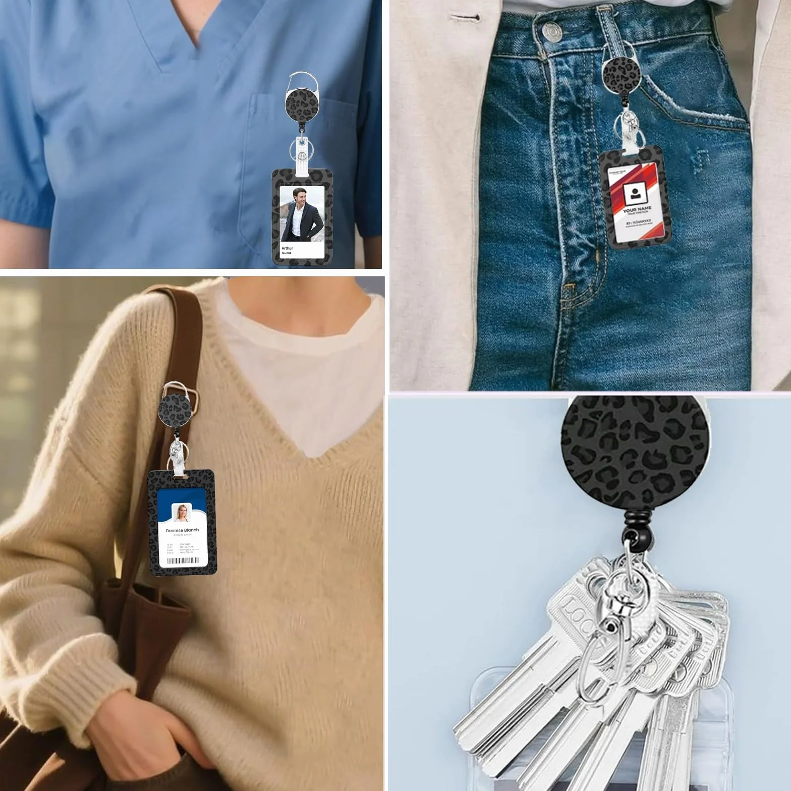 Porta Badge Retrattile Leopardato con Clip e Cordino Staccabile, Badge Holder per Impiegati, Medici, Infermieri, Insegnanti, Grigio