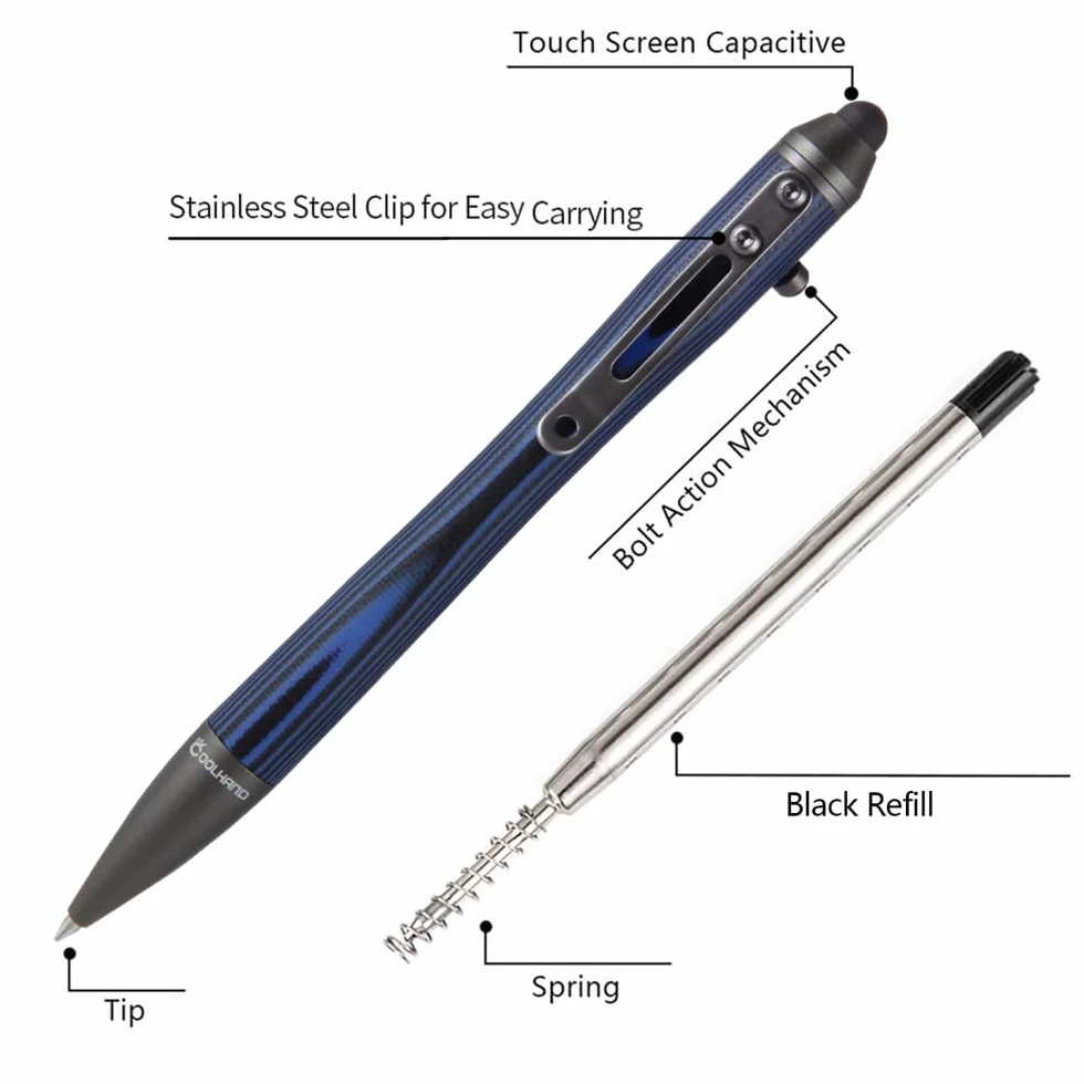 Cool Hand Penne Bolt Action da 5,7", inchiostro a sfera EDC, ricaricabile, stilo per touch screen, corpo G10 con clip da tasca, impugnatura ergonomica, con ricarica gratuita, 5374-N