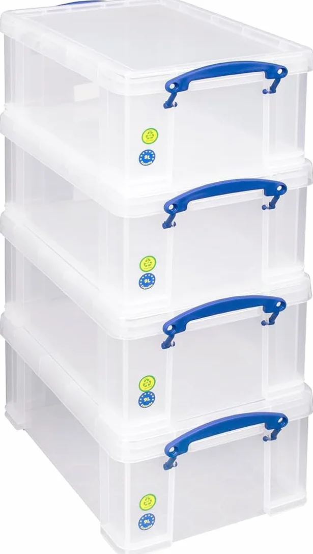 4 pezzi – Really Useful Box 9 litri – 395 X 255 X 155 mm – per 24 DVD/A4 – Trasparente con Coperchio