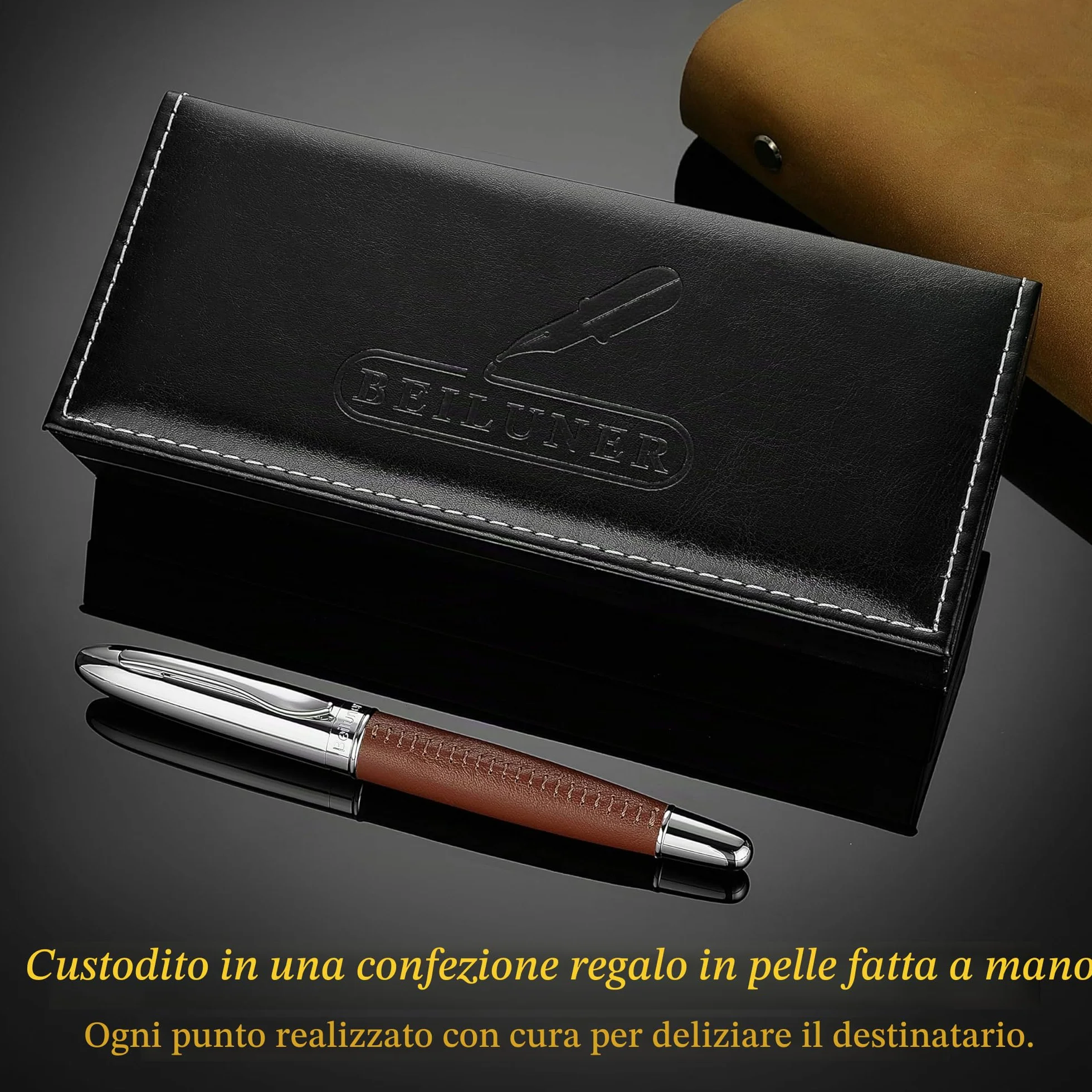 BEILUNER 318 Penna Rollerball di Lusso in Pelle, Pelle Premium Cucita a Mano & Finitura Cromata, Ricambio Schmidt, Miglior Set Regalo Manageriale per Uomo e Donna, Penna Riempiibile - Marrone