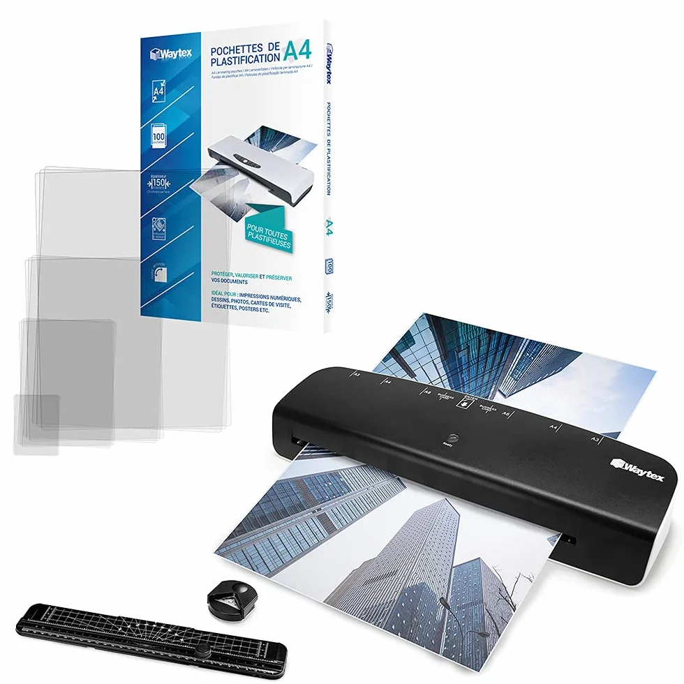 WAYTEX A78209P73 - Kit Plastificatrice A3 A4 Pro Rapida fino a 2 x 125 micron con taglierina a foglia, arrotondatrice angolare, 100 buste A4 + 20 formati multiformati