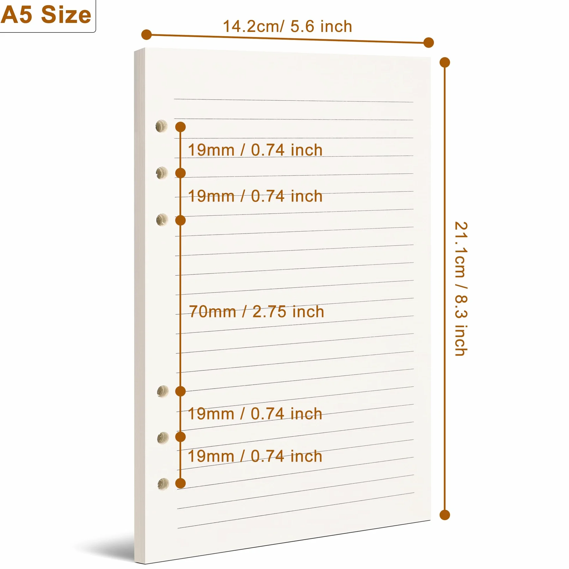 Carta a righe A5 6 fori per raccoglitori fogli sfusi 8 mm 80 fogli 160 pagine 14 x 21 cm beige