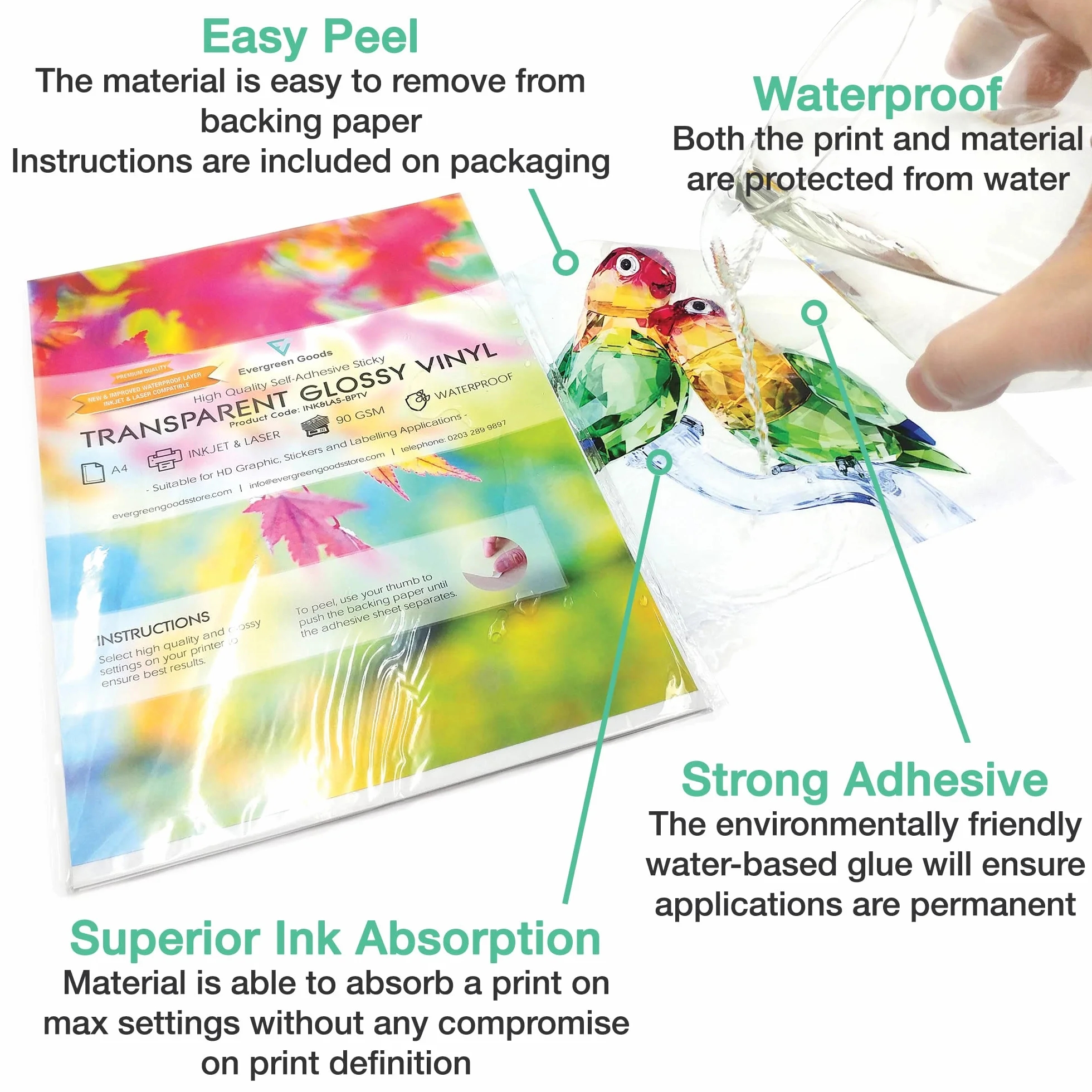 Carta adesiva lucida A4 per stampanti inkjet e laser, impermeabile, vinilica trasparente - Evergreen Goods Ltd