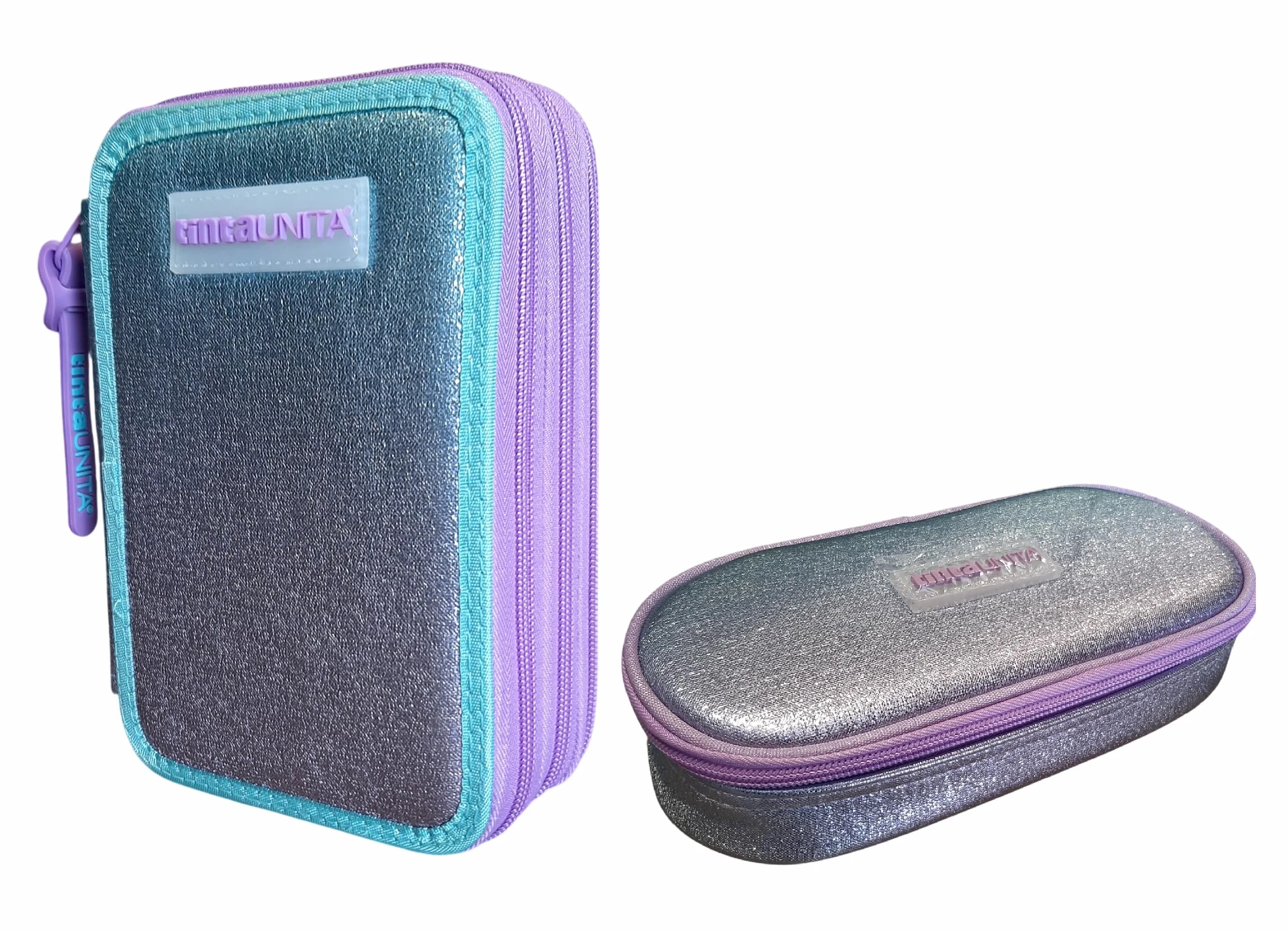 PRESTIGE & DELUXE Astuccio Corredo Tinta Unita Pool Over 3 Cerniere Gradient Azzurro Viola completo di cancelleria + astuccio ovale Zip per Scuola Bambina Ragazza + portachiave e penna colorata