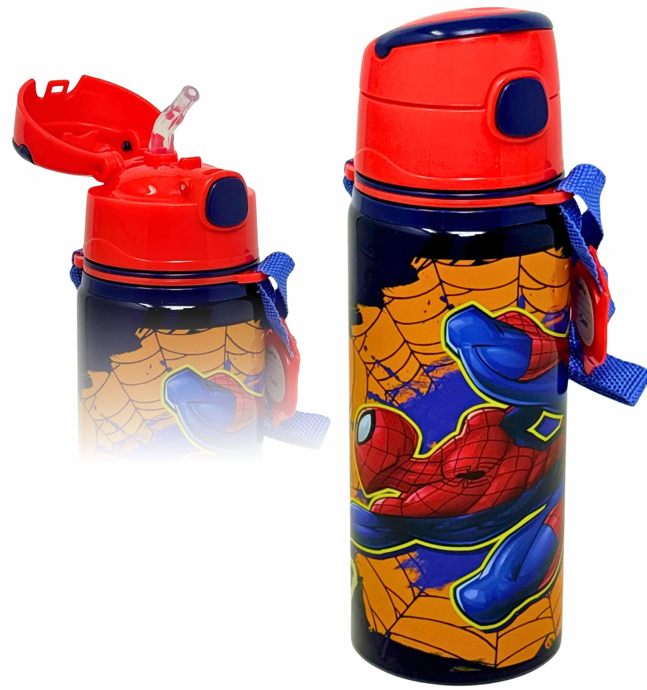 Clondo Borraccia Bambini 600ml Alluminio Cannuccia Tracolla Bottiglia Acqua Anti-Goccia Spiderman