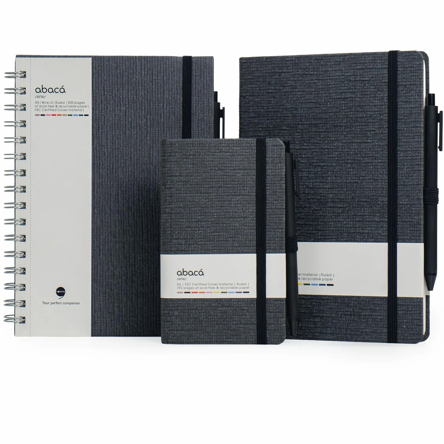 COMMA Abaca Combo - Taccuino formato A5, rilegatura a spirale formato A5 e taccuino tascabile formato A6, 192 pagine (A5 HB e A6 HB) e 200 pagine (A5 WB), carta naturale da 80 g/m², copertina