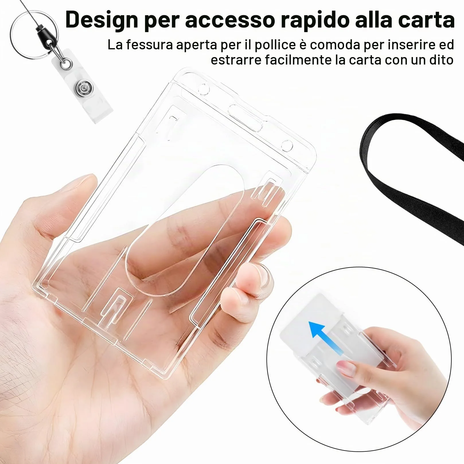 Porta Badge Retrattile con Cinturino, Portabadge Collo, Porta Tessere Custodie Trasparenti con Portachiavi Allungabile Filo Acciaio, 2 Set