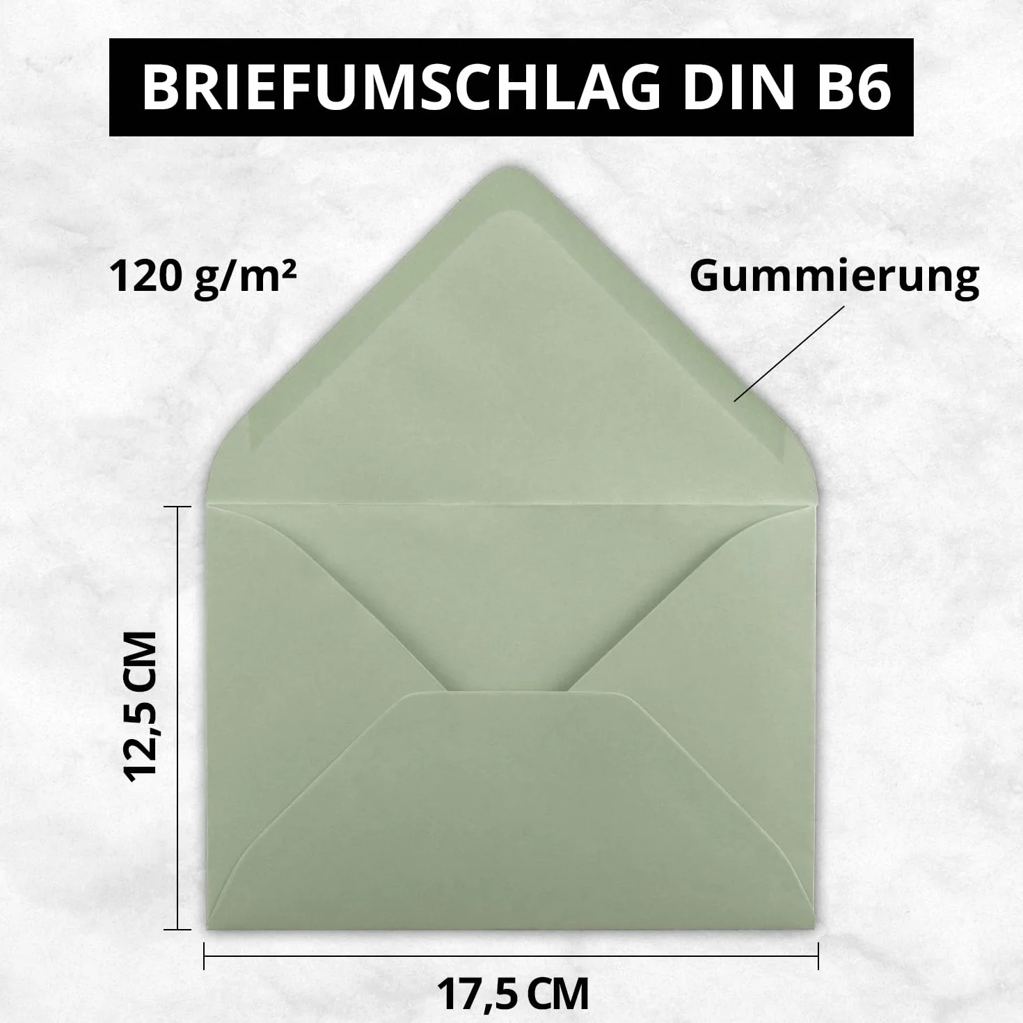 Buste B6-17,5 x 12,5 cm Verde Eucalipto 120 g/m² Con Lembo a Punta - 50 Pezzi