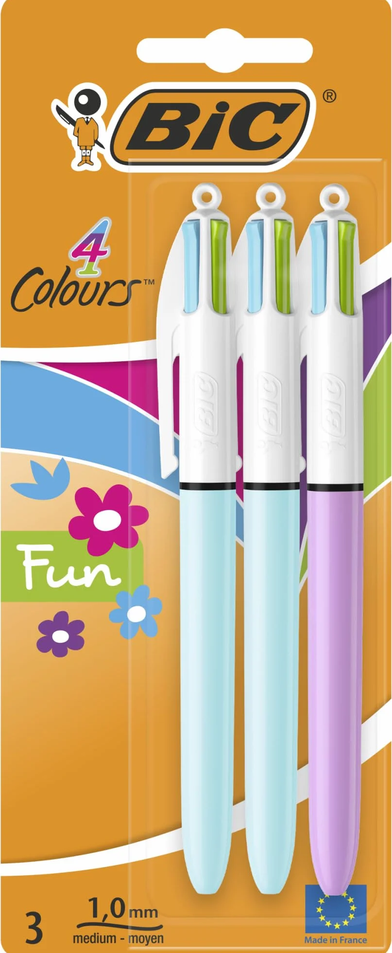 BIC Penne a sfera retrattili 4 colori confezione da 3 punta media 1,0 mm colori assortiti
