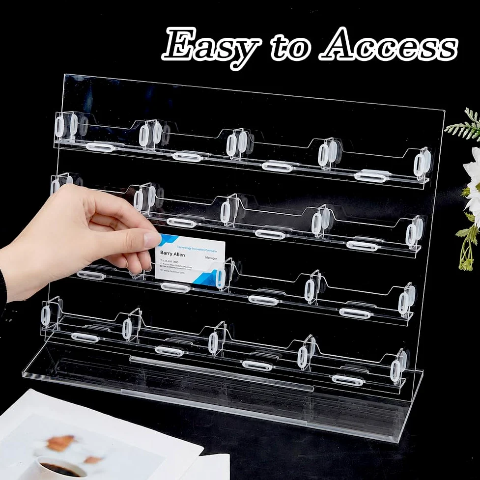 DICOSMETIC Espositore per biglietti da visita a 4 livelli, 16 griglie in acrilico, espositore per biglietti da visita, 12 x 40 x 29 cm, organizer trasparente per carte da scrivania per casa, ufficio