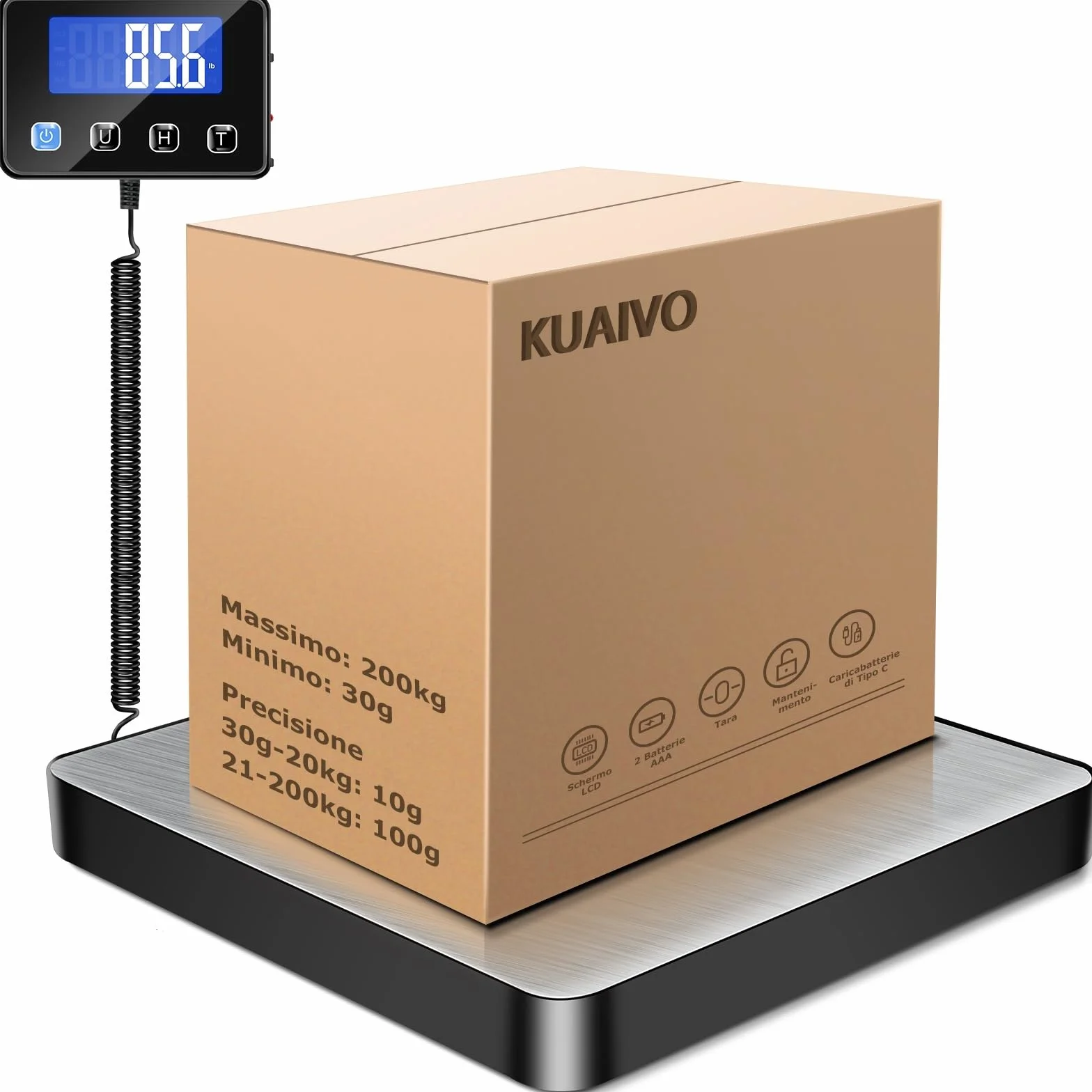 Bilancia Pesa Pacchi 200kg / 10g Alta Precisione LCD Hold Tara Acciaio Inossidabile