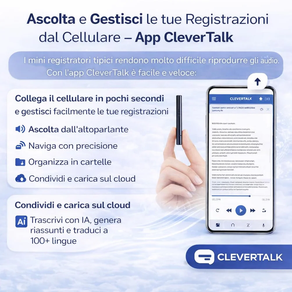 CleverTalk Q1 Registratore Vocale con IA | Attivazione Vocale | App Mobile, Mac, Windows e Web | Cloud Europeo GDPR | 64GB | Audio HD 1536kbps | USB-C